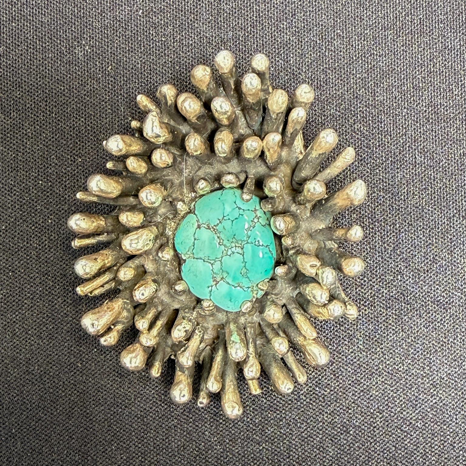 Mid-Century Modern 1970s Sterling Silver Turquoise Pendant Attributed Pal Kepenyes Spores For Sale