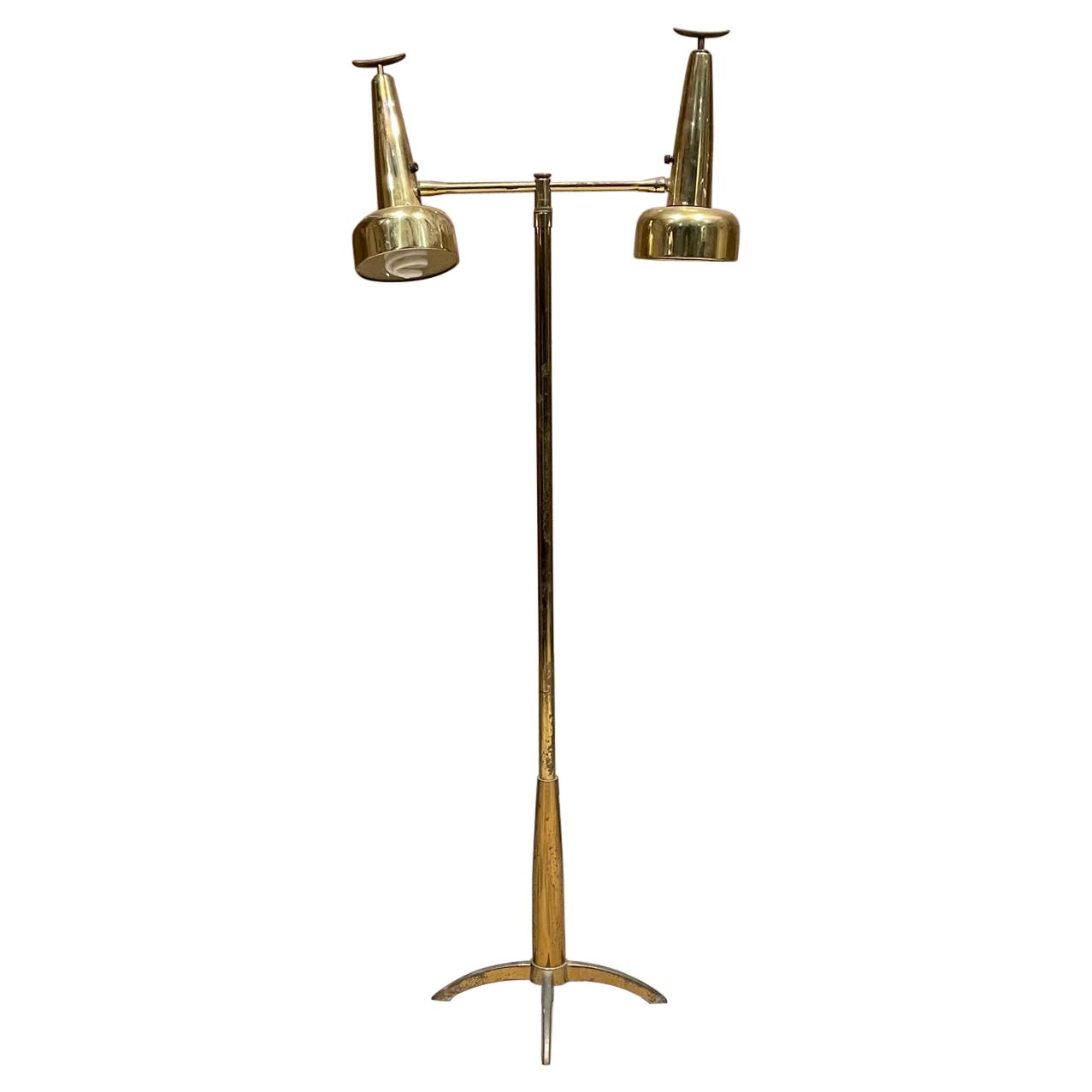 1970s Stiffel Double Cone Floor Lamp Patinated Brass Arched Star Base