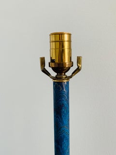 1970s Stiffel Large Brass Buffet Lamp with Blue Marbleized Candle Sleeve