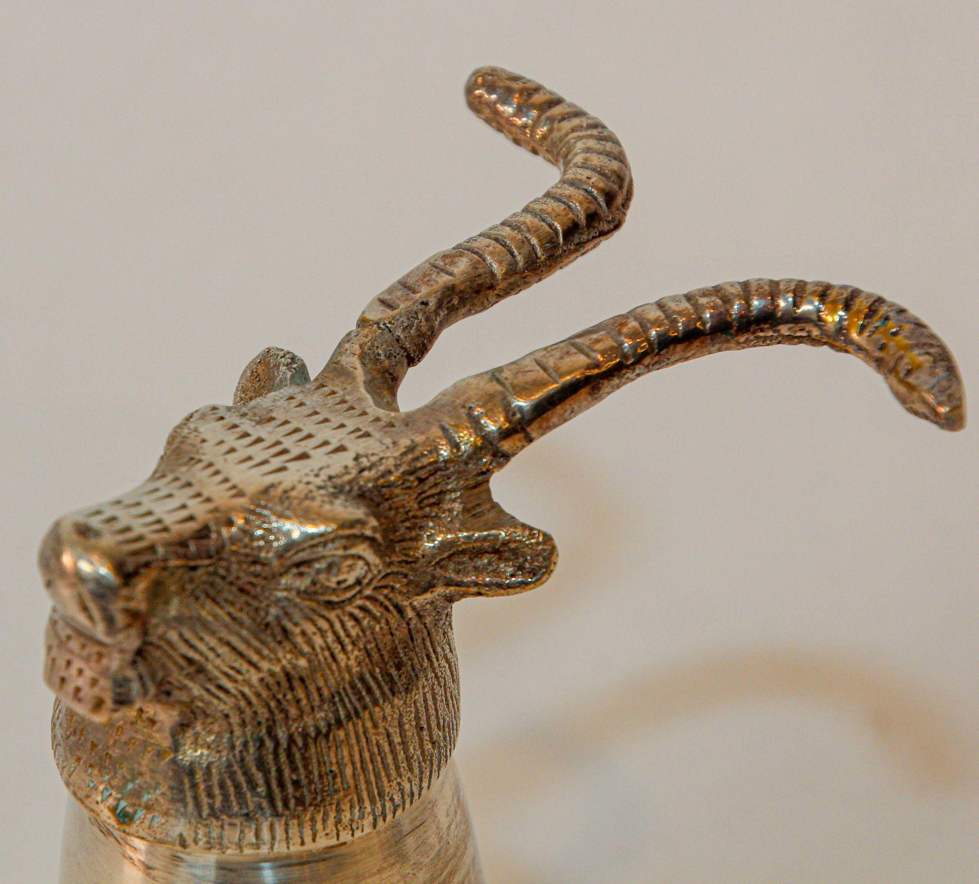 British Silver Stirrup Cup Goblet Antelope Head Hunting Equestrian Barware Decor 1970s For Sale