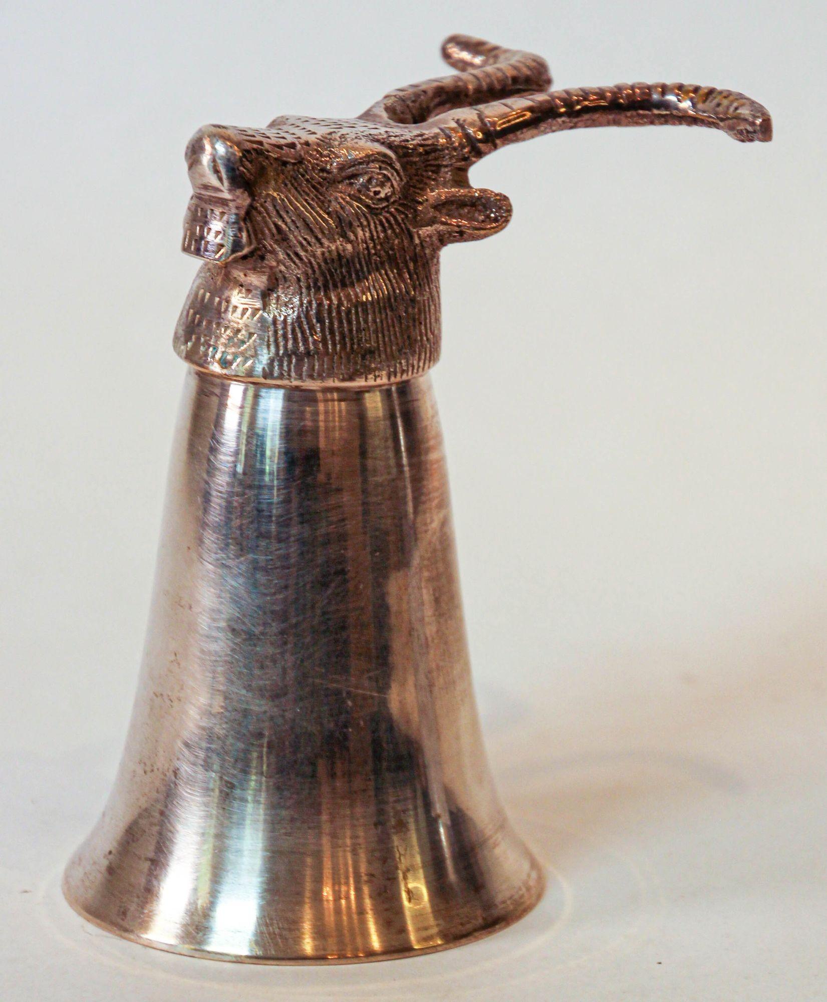 Cast Silver Stirrup Cup Goblet Antelope Head Hunting Equestrian Barware Decor 1970s For Sale