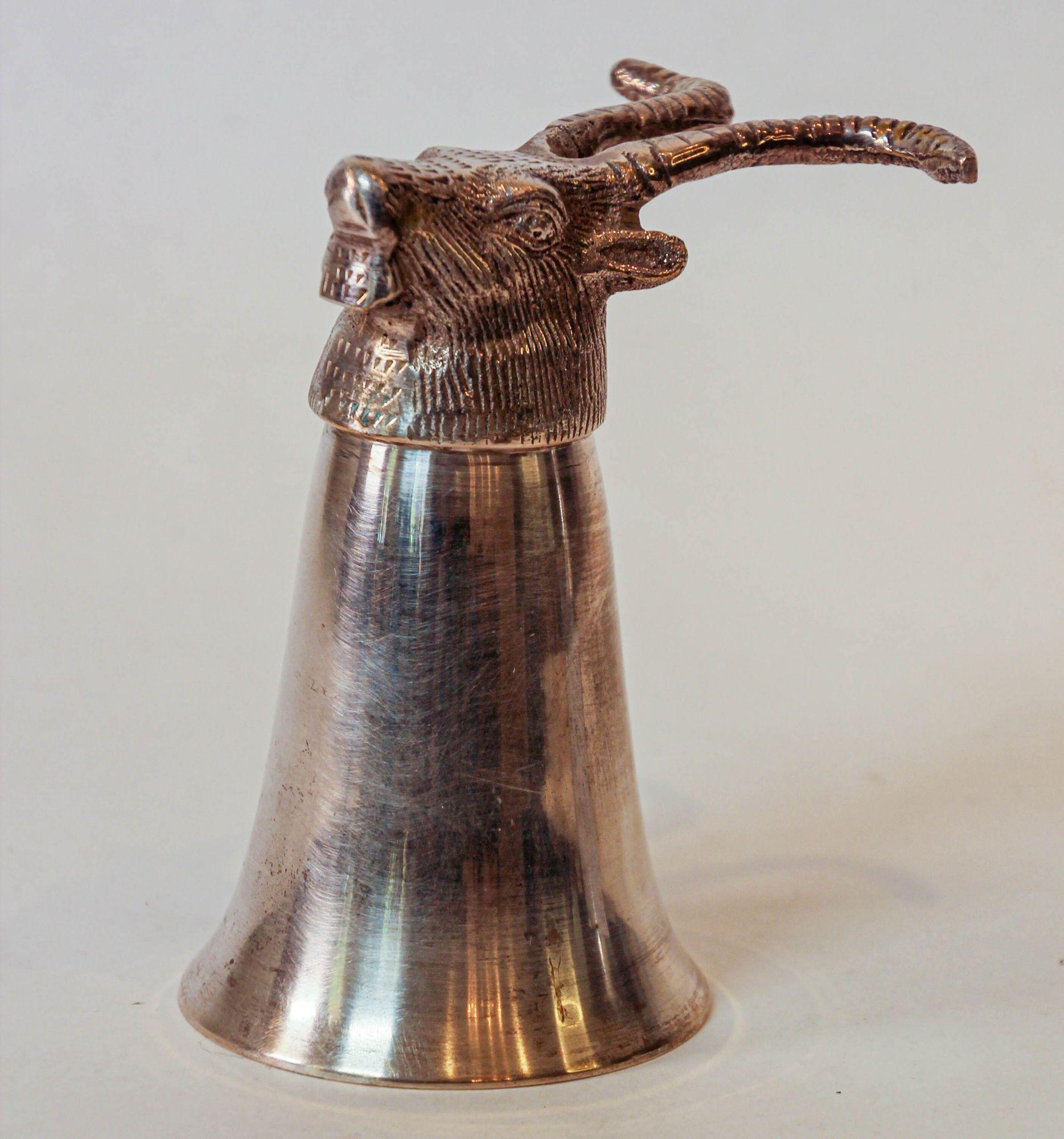 Silver Stirrup Cup Goblet Antelope Head Hunting Equestrian Barware Decor 1970s In Good Condition For Sale In North Hollywood, CA