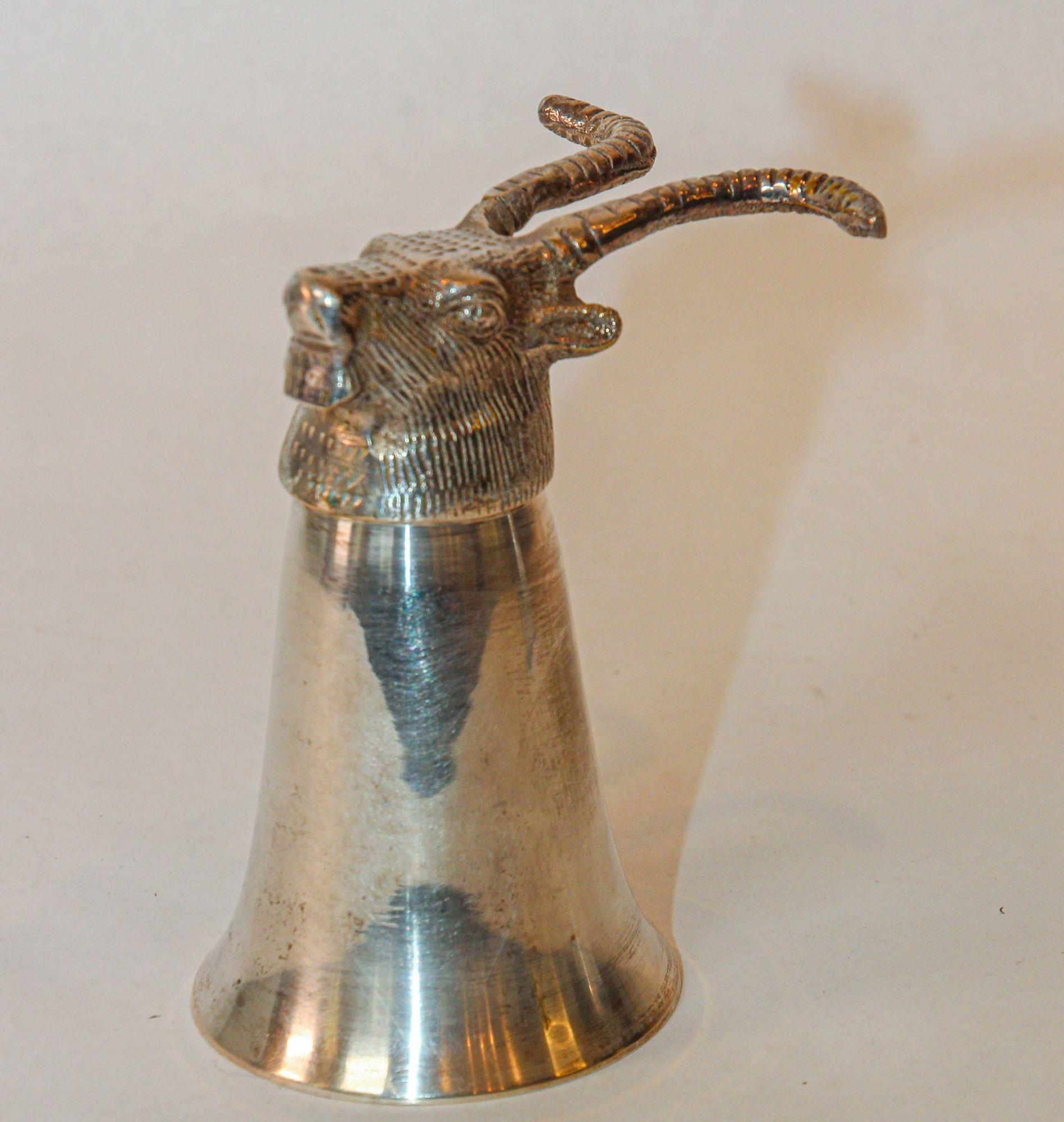 20th Century Silver Stirrup Cup Goblet Antelope Head Hunting Equestrian Barware Decor 1970s For Sale
