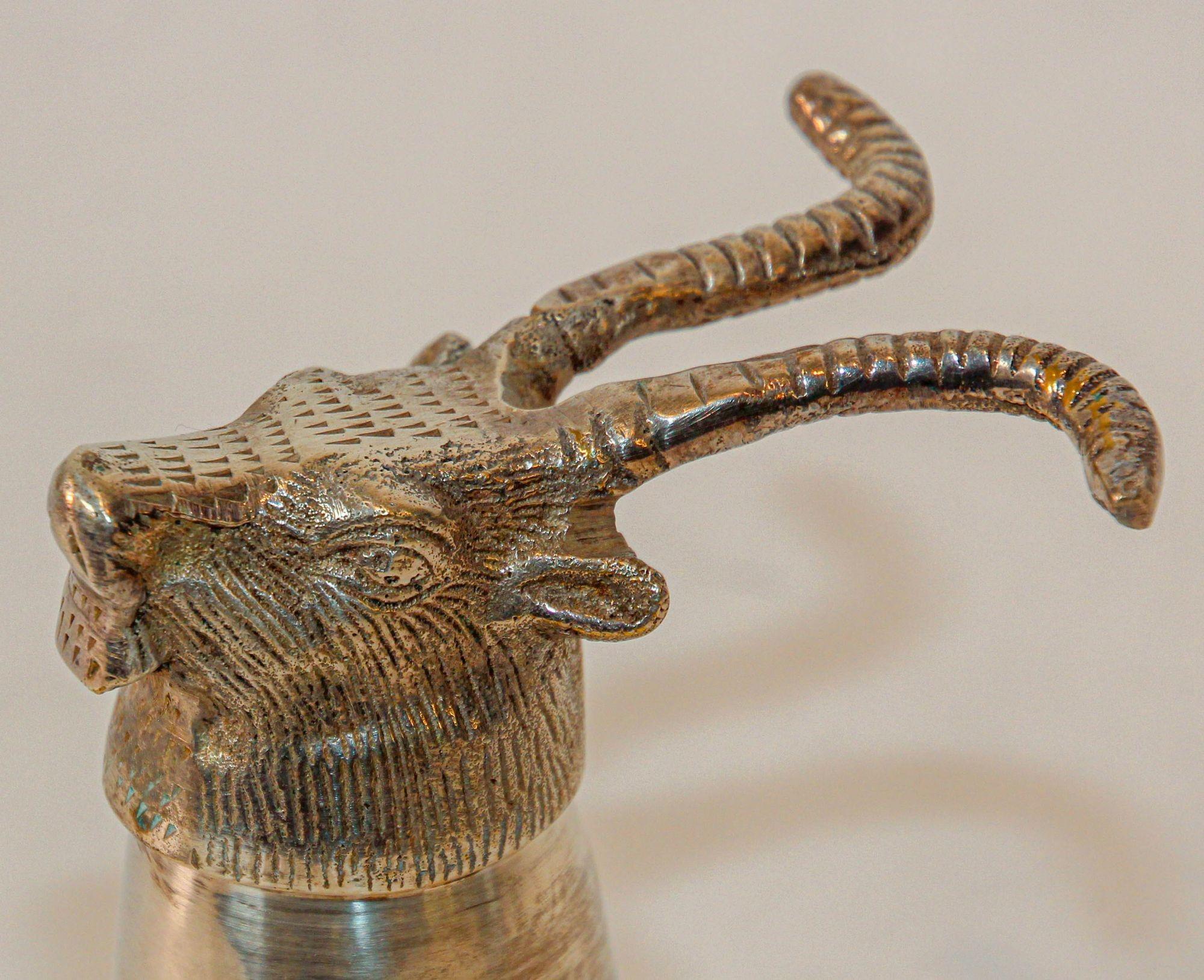 Silver Plate Silver Stirrup Cup Goblet Antelope Head Hunting Equestrian Barware Decor 1970s For Sale