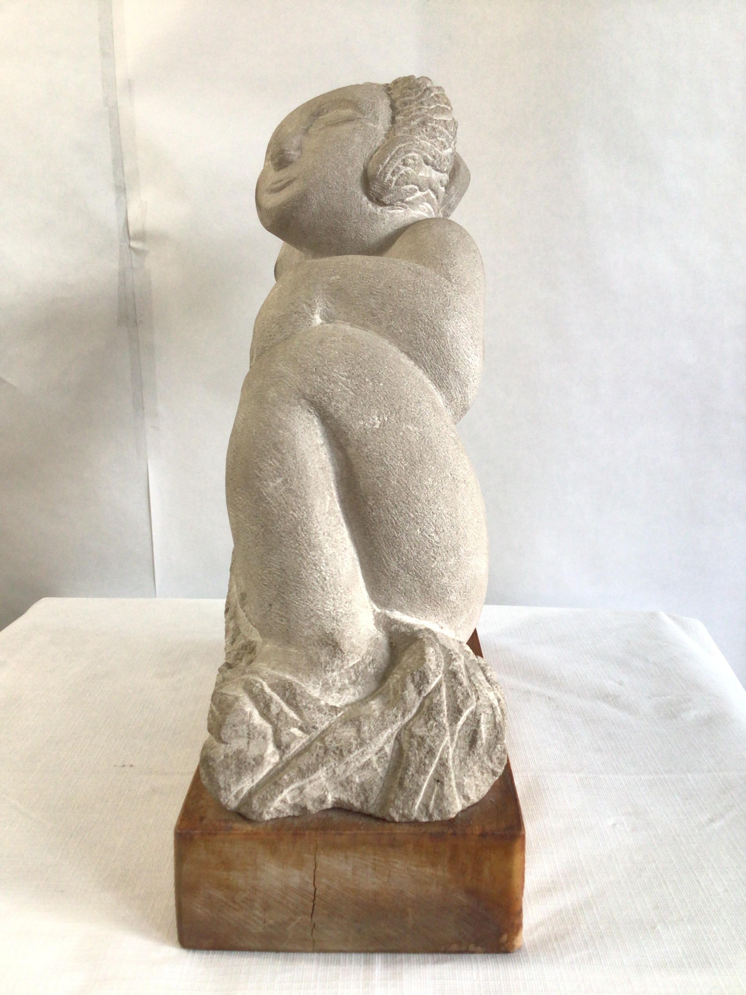 Carved 1970s Stone Sculpture of a Voluptuous Woman on a Wood Base For Sale