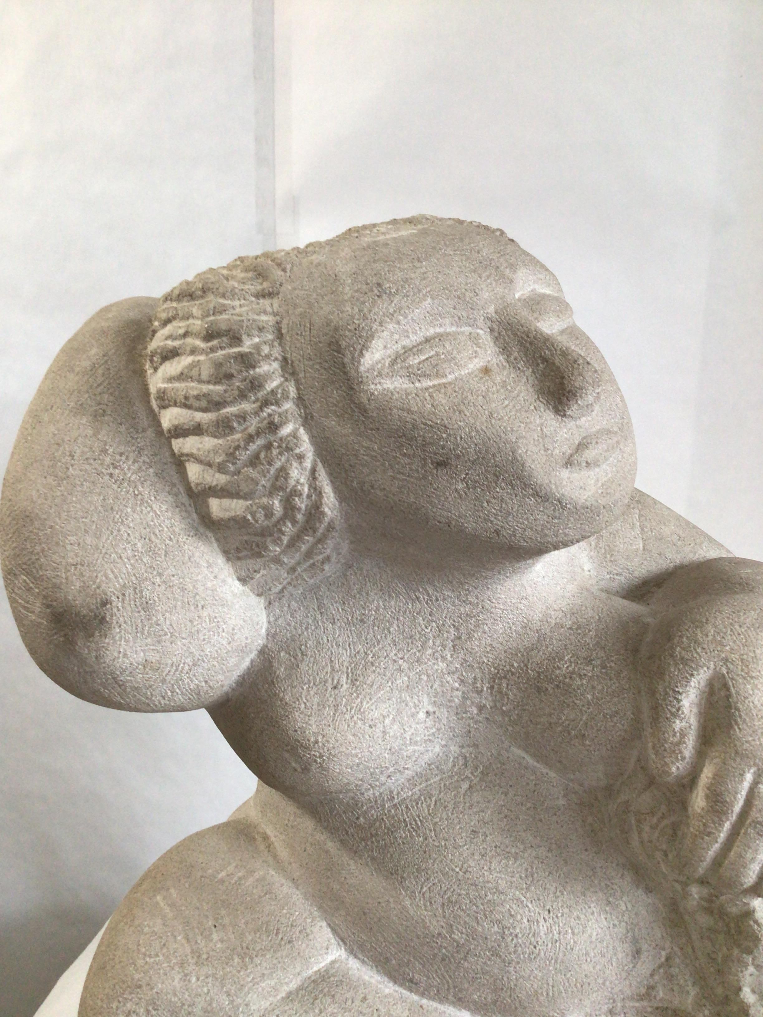 Late 20th Century 1970s Stone Sculpture of a Voluptuous Woman on a Wood Base For Sale