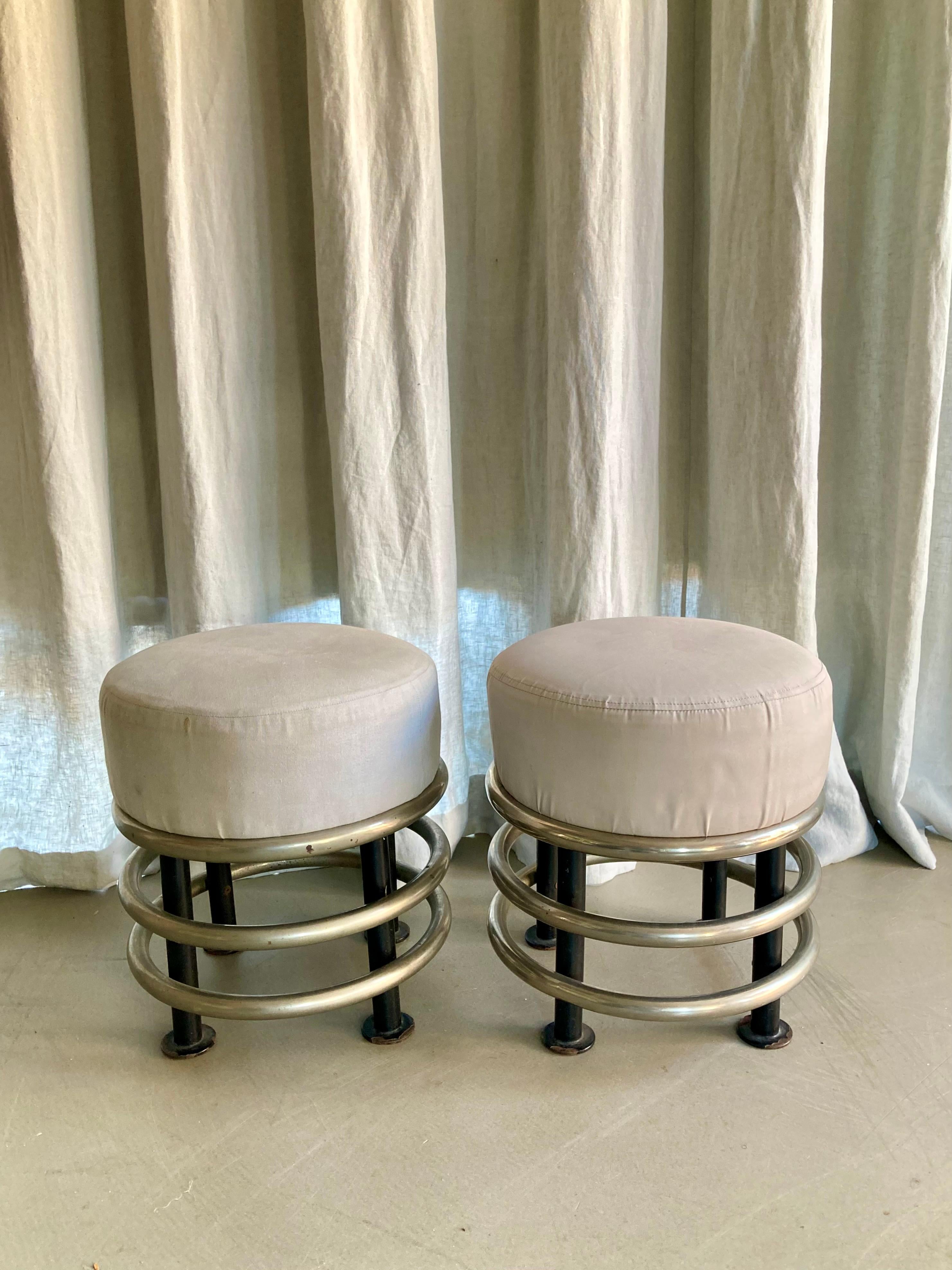 Very cool pair of vintage French 1970s upholstered stool - chrome and black iron. 