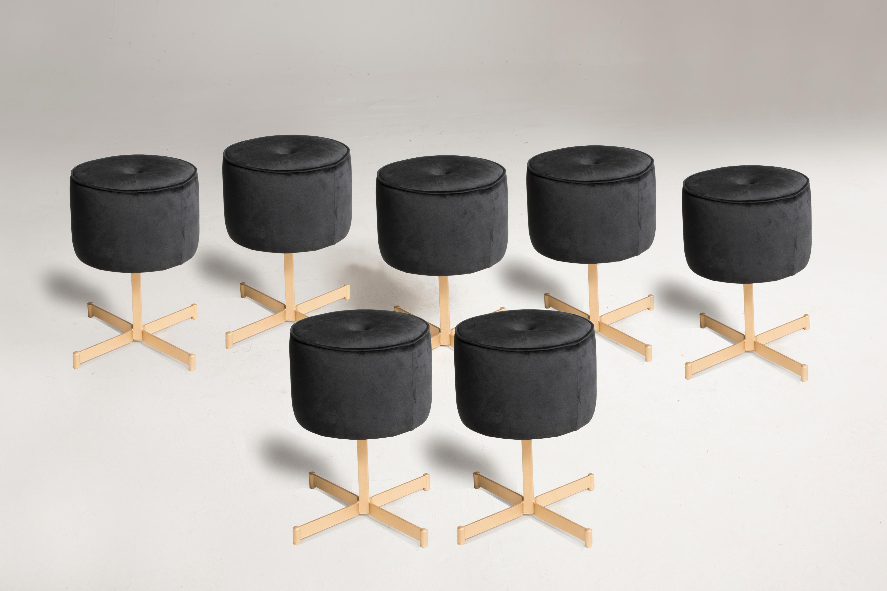 European 1970s Stool with Brass Base and Black Velvet Upholstery, Five  Available For Sale