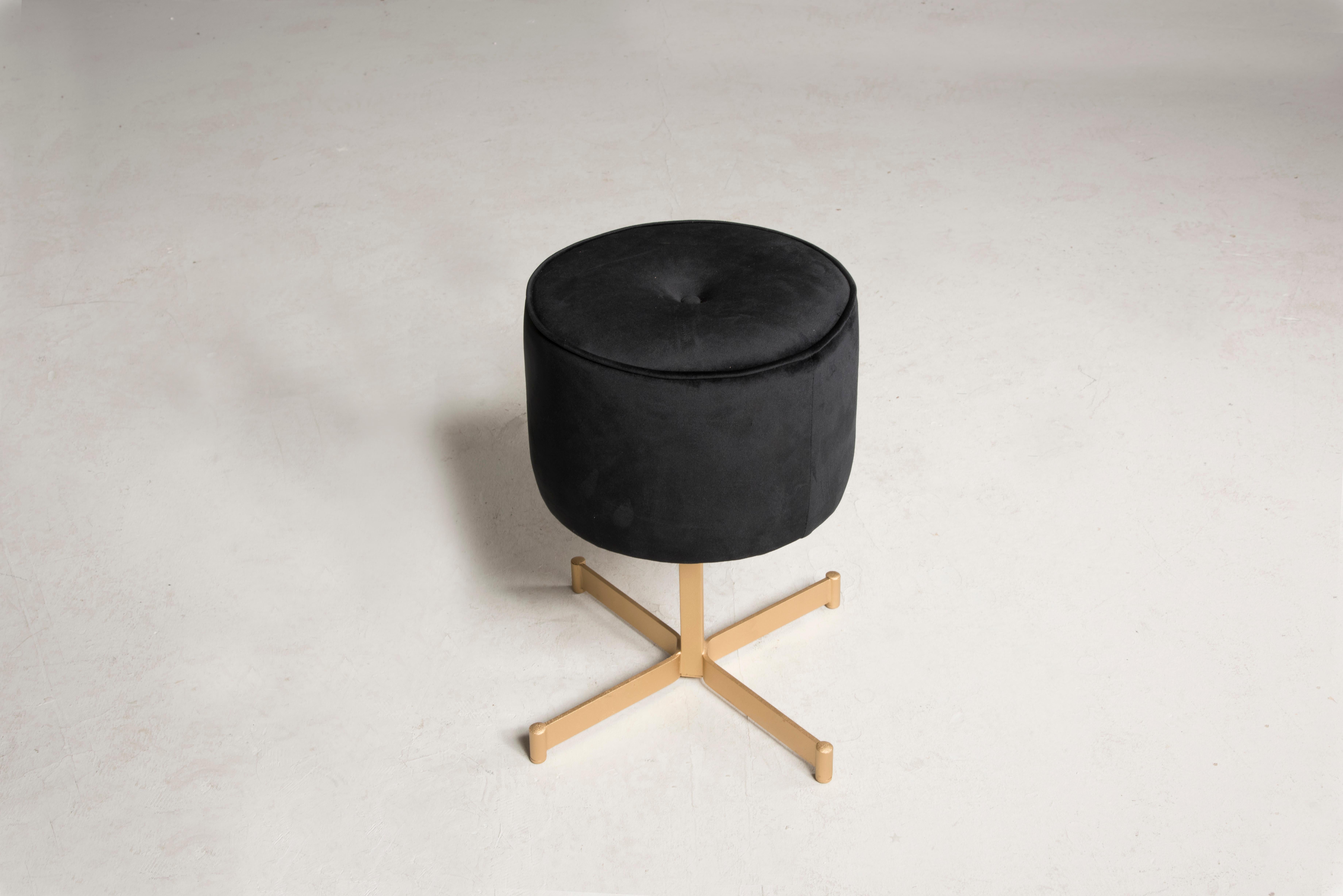 20th Century 1970s Stool with Brass Base and Black Velvet Upholstery, Five  Available For Sale