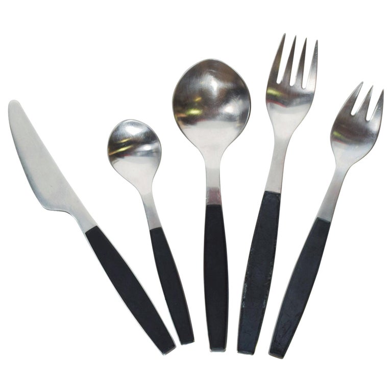 1970s Strata Black Stainless Flatware Place Setting Jensen