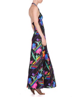 1970'S Polyester Disco Neon Tropical Halter Maxi Dress