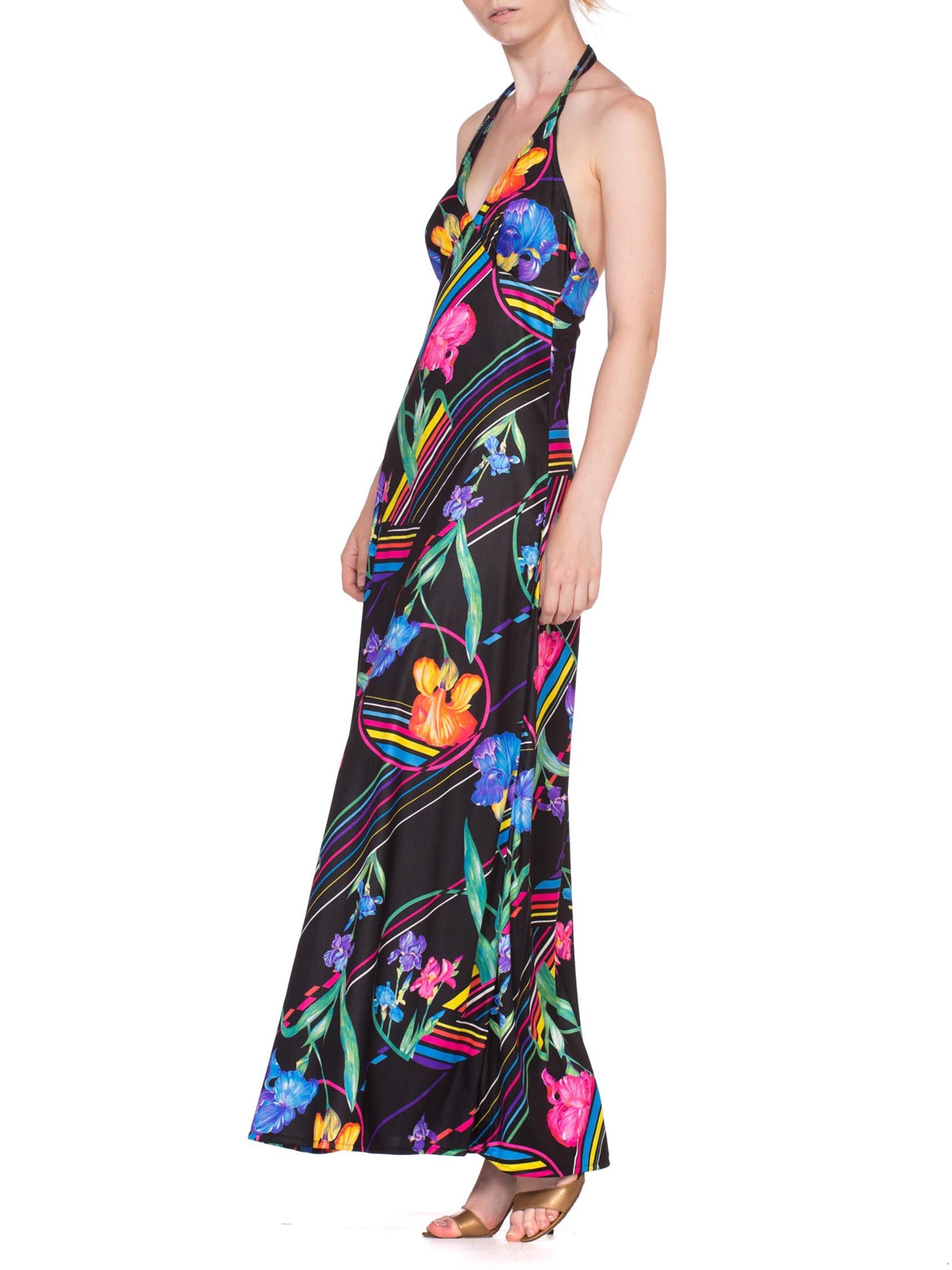 1970'S Polyester Disco Neon Tropical Halter Maxi Dress In Excellent Condition In New York, NY