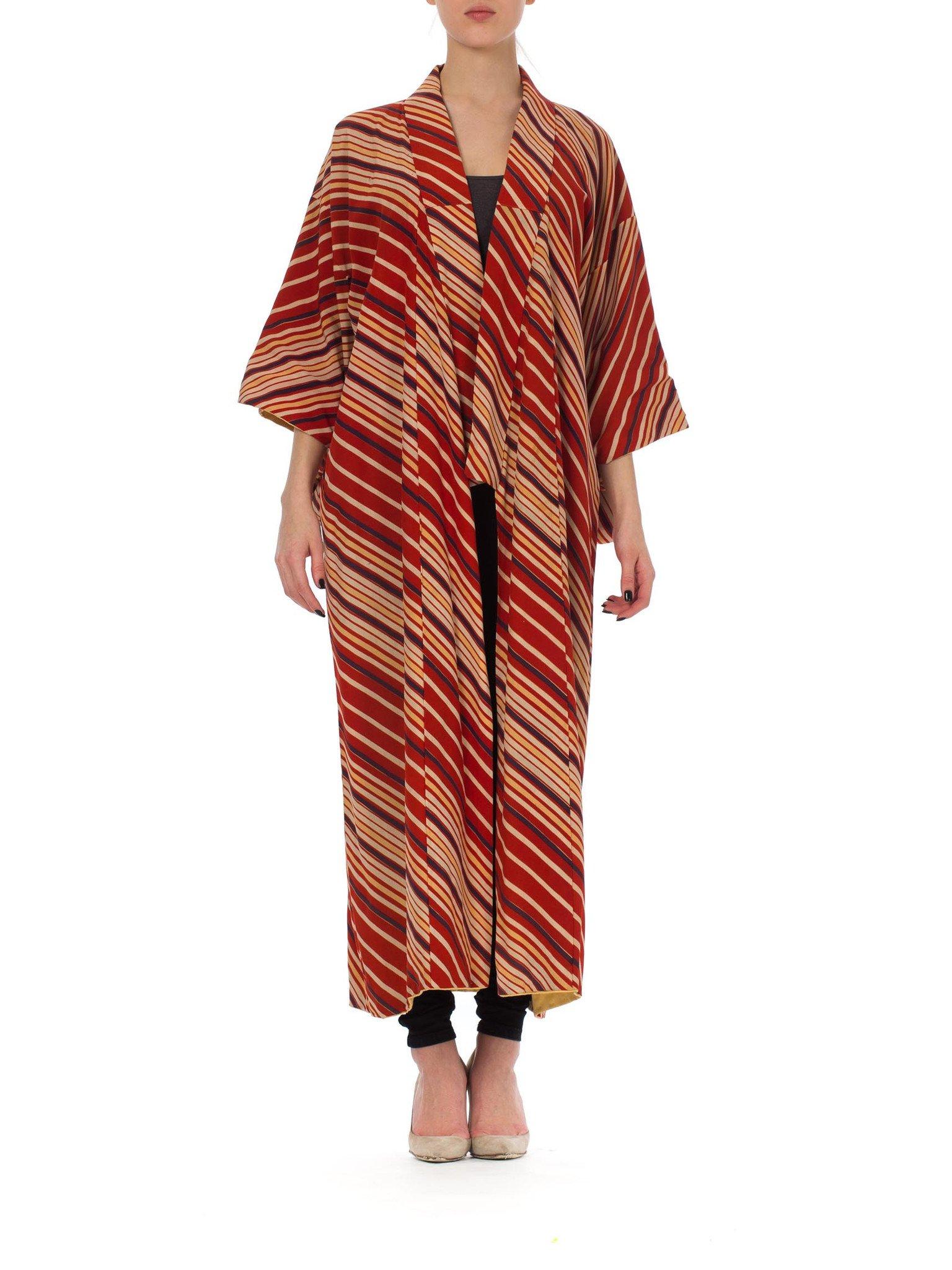 Brown 1970S Striped Silk Long Length Kimono For Sale