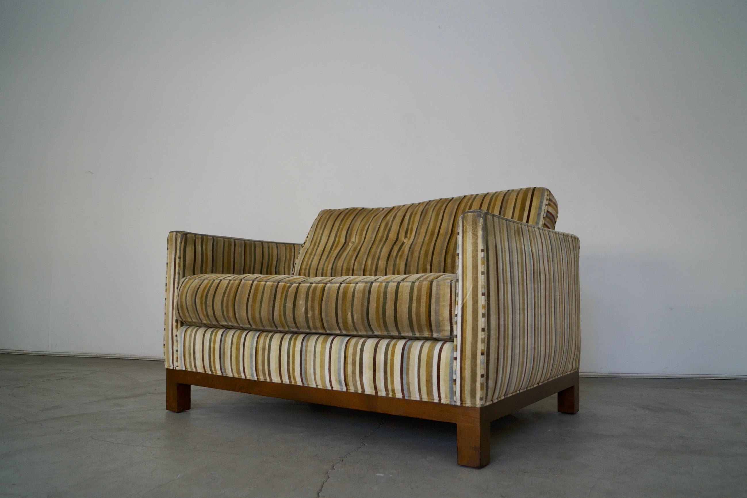 1970s Striped Velvet Compact Settee Loveseat In Fair Condition In Burbank, CA