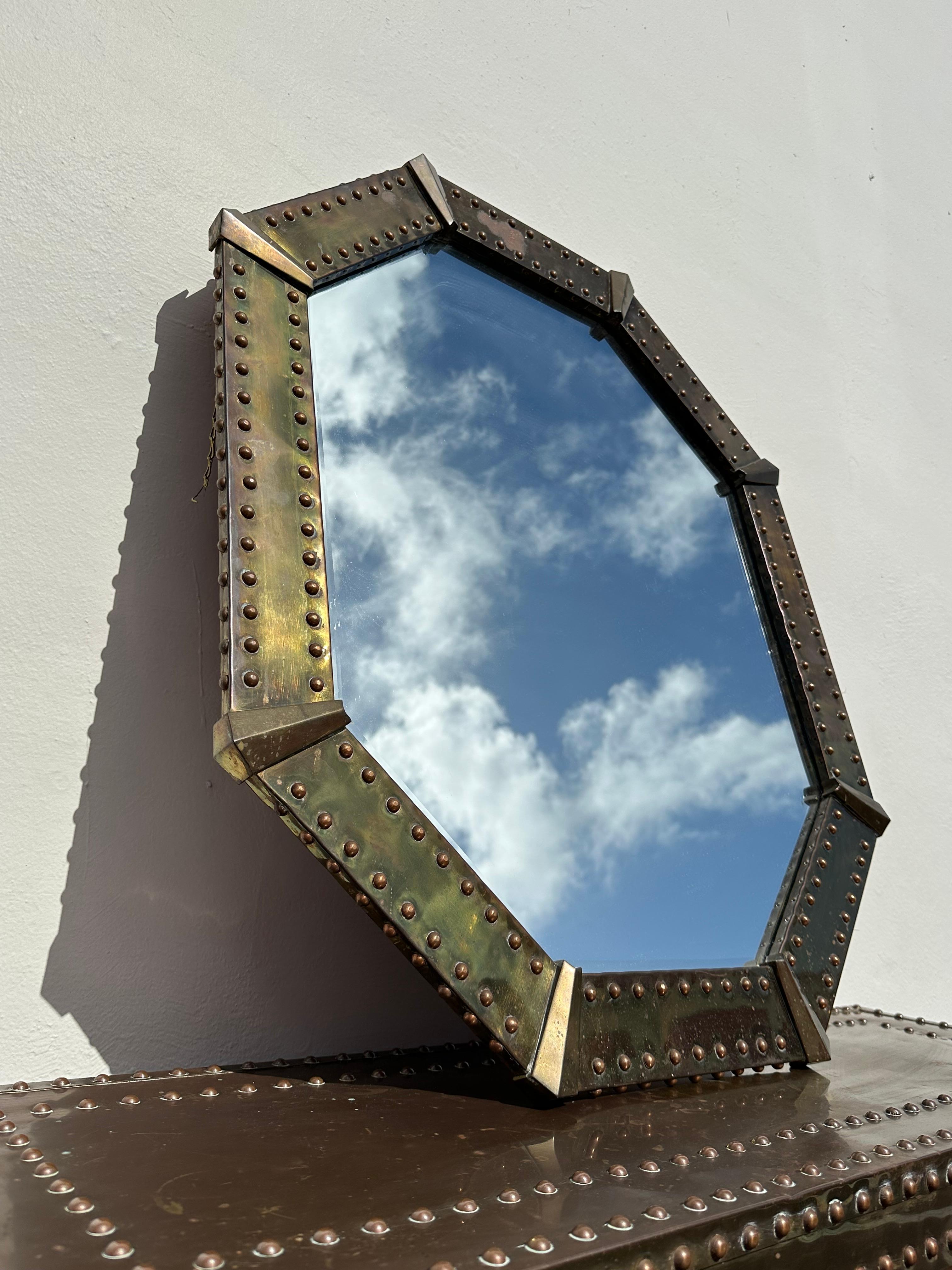 1970s Studded Aged Brass Parsons Console Table and Octagonal Mirror by Sarreid For Sale 9