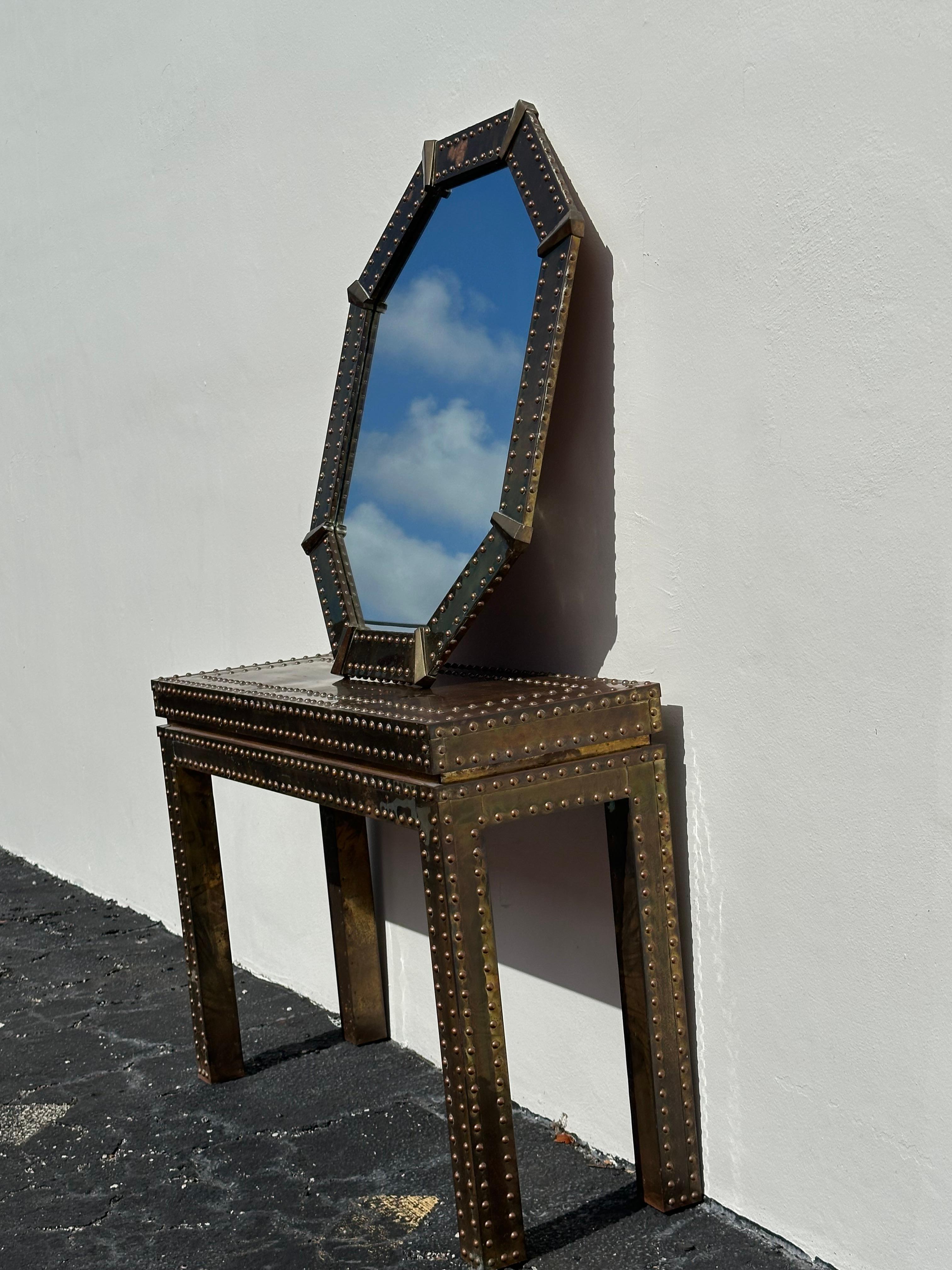 Spanish 1970s Studded Aged Brass Parsons Console Table and Octagonal Mirror by Sarreid For Sale