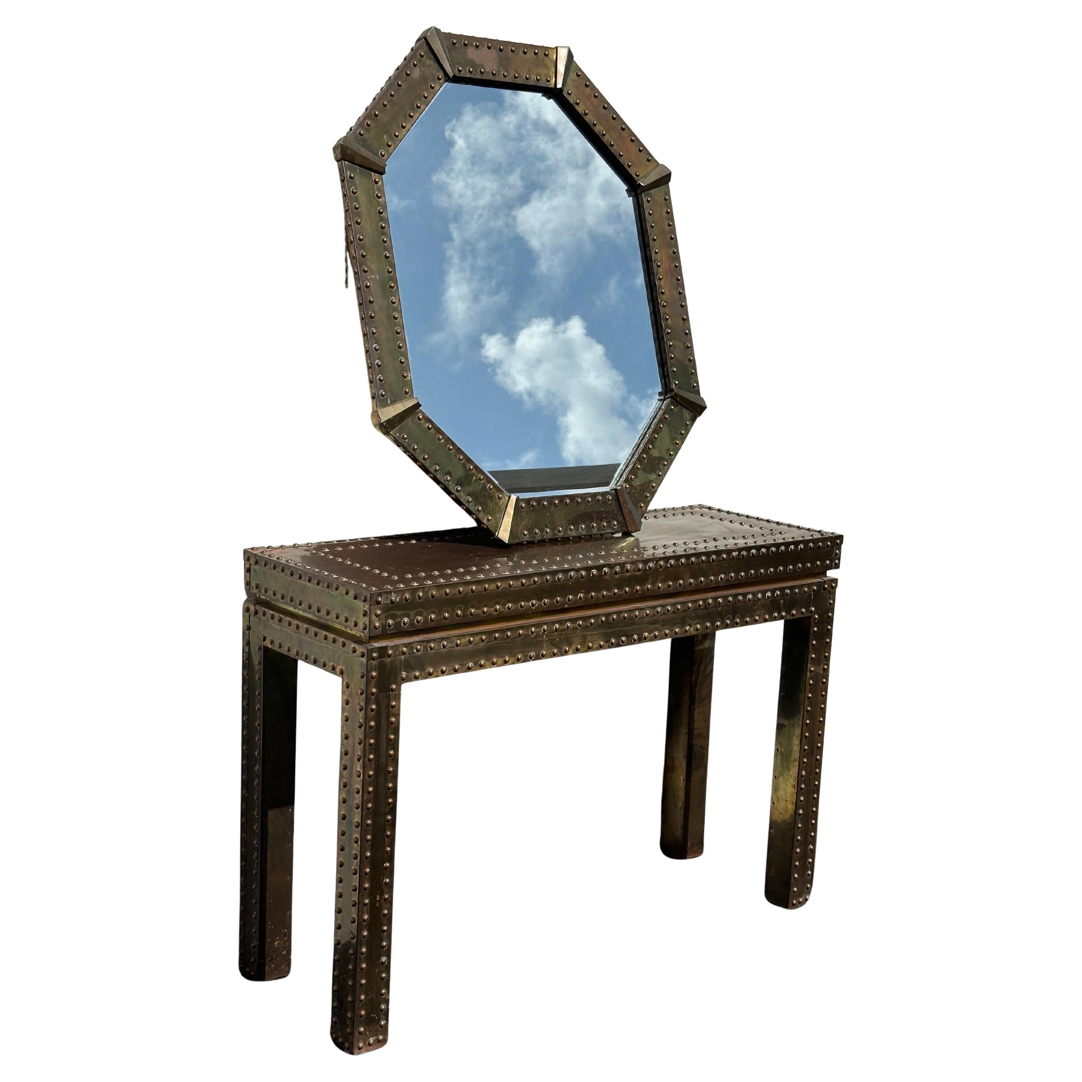1970s Studded Aged Brass Parsons Console Table and Octagonal Mirror by Sarreid For Sale
