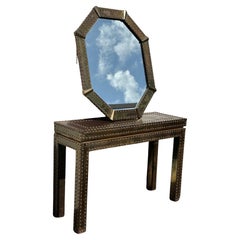 1970s Studded Aged Brass Parsons Console Table and Octagonal Mirror by Sarreid