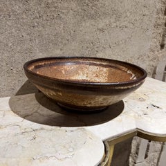 Mid-Century Modern Pottery Bowl, Brown, Signed, 10.25" Diameter, 1970s