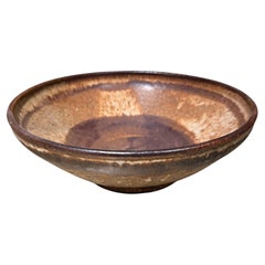 Mid-Century Modern Pottery Bowl, Brown, Signed, 10.25" Diameter, 1970s