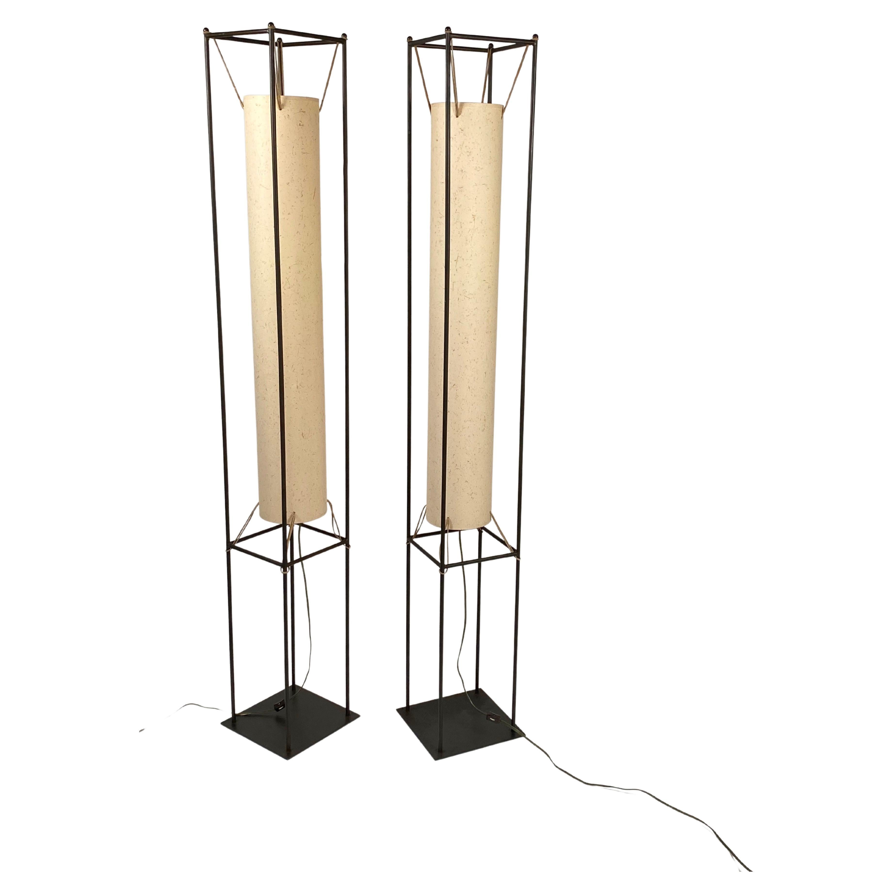 1970s Studio Made Pair of Modernist Iron Framed W/ Cylinder Shades