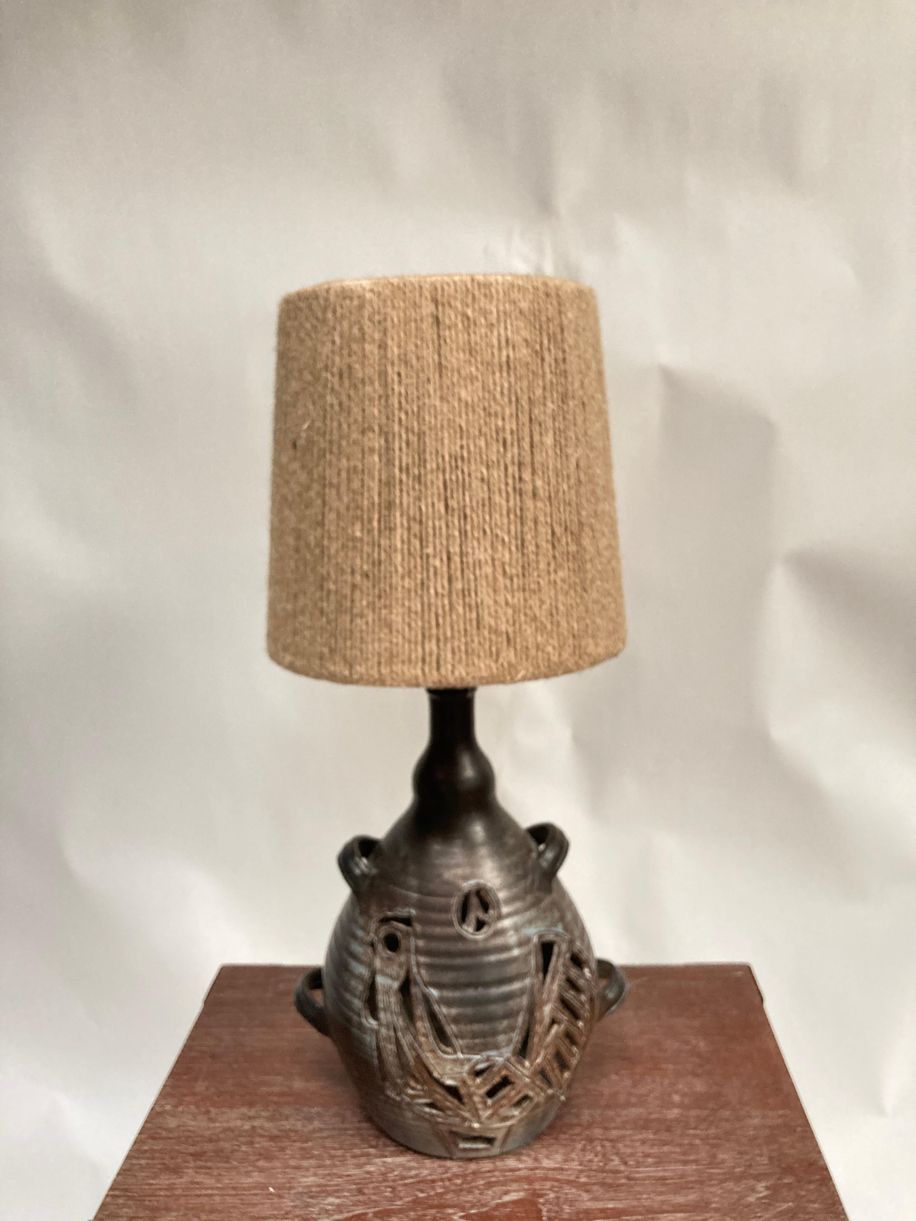 One of a kind ceramic lamp signed Le vieux Chêne Dieulefit
 South of France
Dimensions given without shade
No shade included
One light inside, one light outside