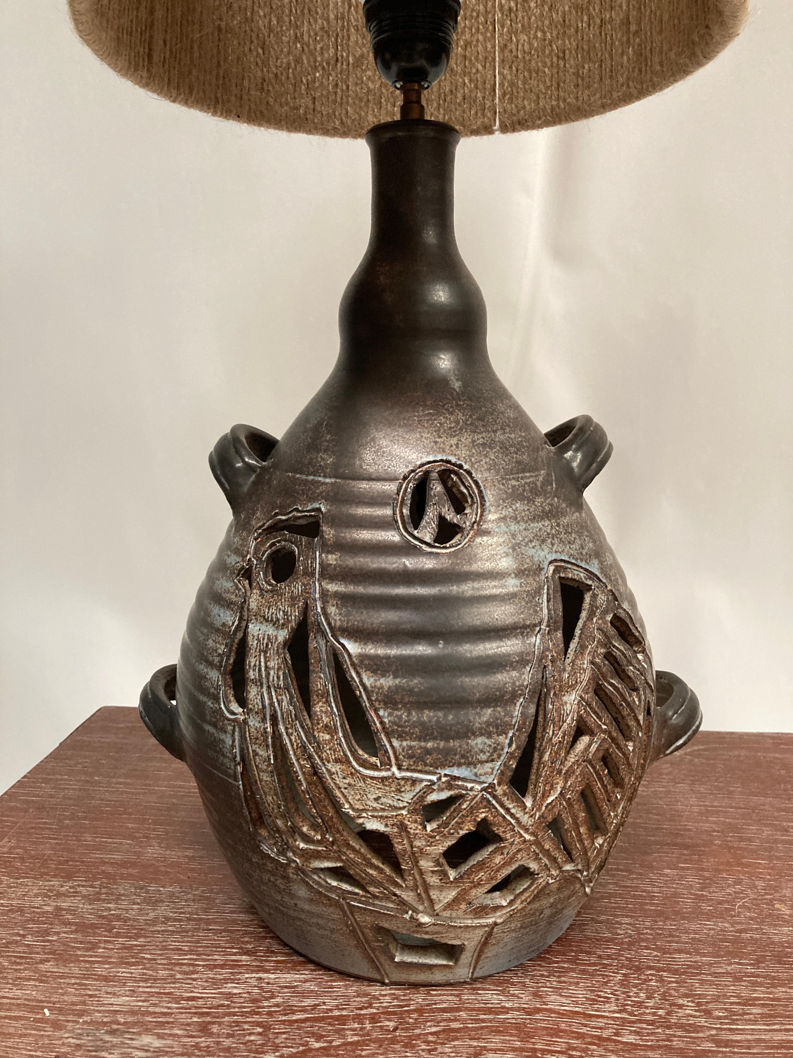 French 1970's Studio pottery ceramic lamp signed Dieulefit For Sale