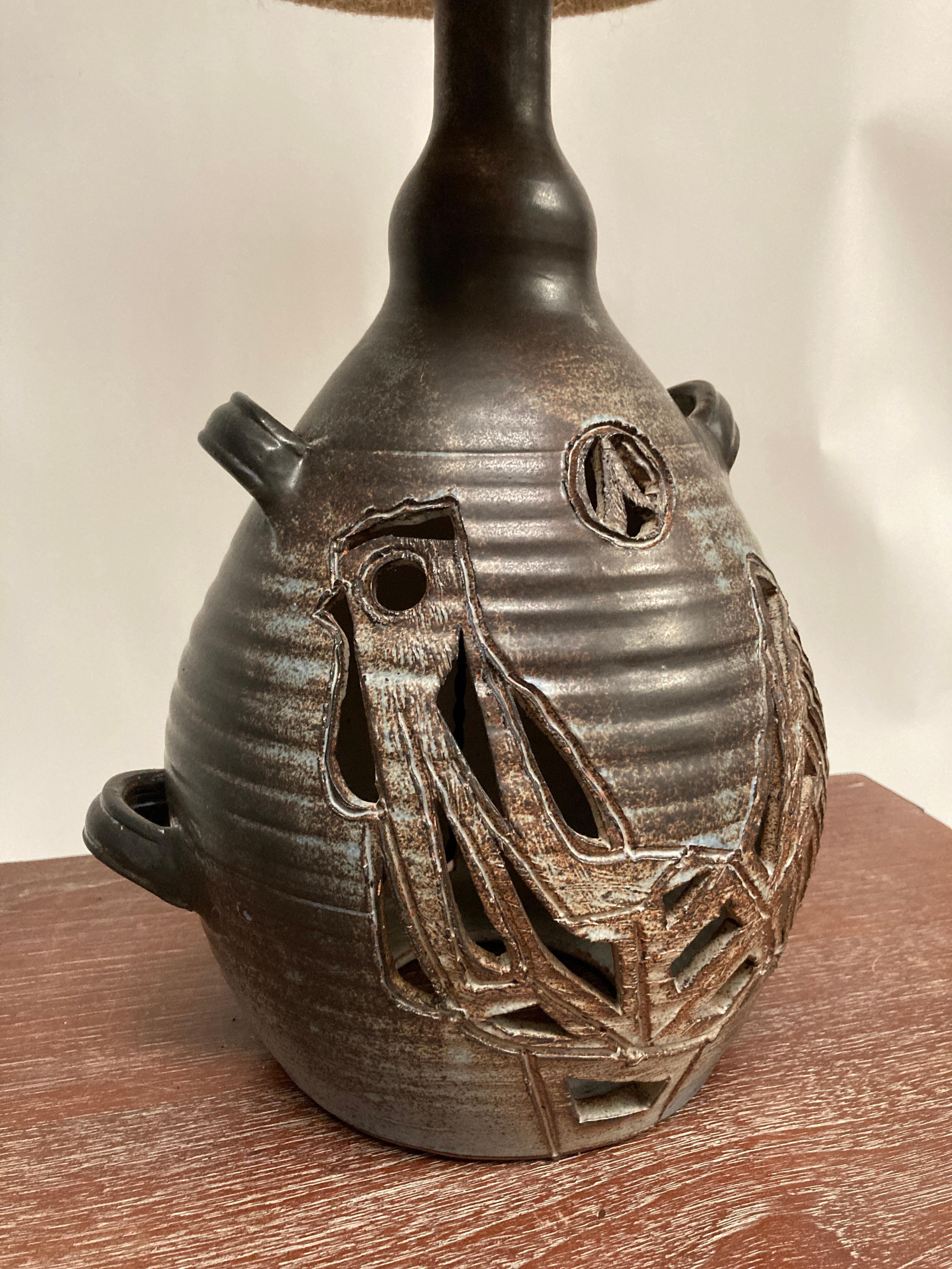 1970's Studio pottery ceramic lamp signed Dieulefit In Good Condition For Sale In Bois-Colombes, FR