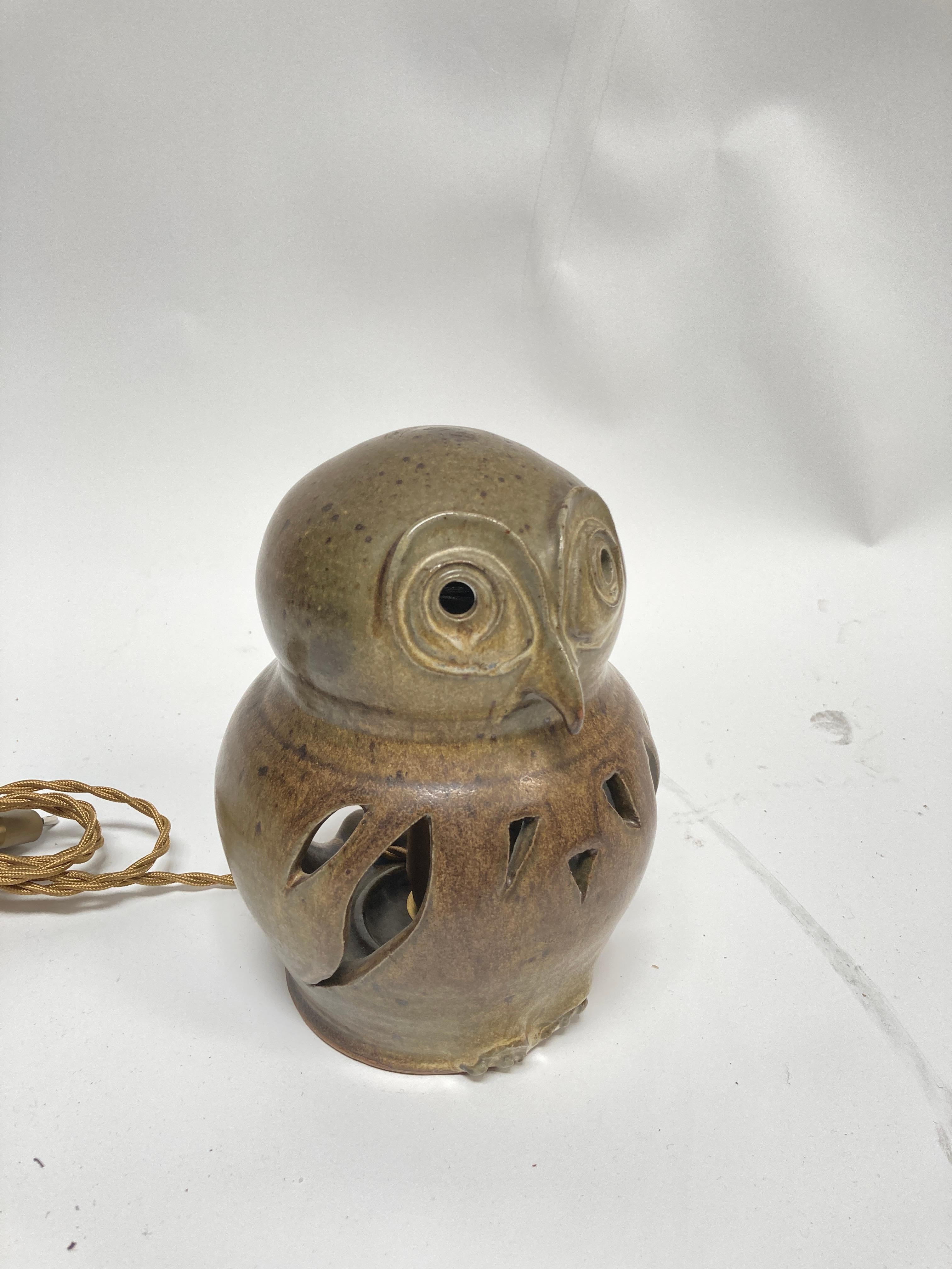 One of a kind studio pottery lamp showing an owl 
Signed Jean Morel
France