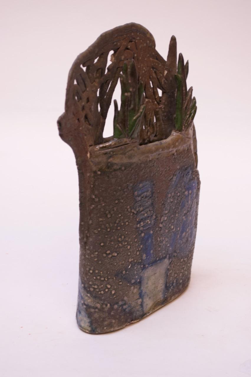 American 1970s Studio Stoneware Botanical Vase Signed Pollack For Sale
