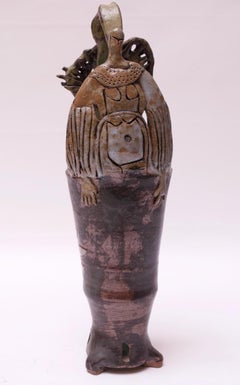 1970s Studio Stoneware Tall Dual-Sided Figural Vase Attributed to Polk