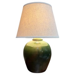 1970s Studio Art Table Lamp Lush Green Stoneware Pottery