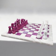 1970s Stunning Pink and White Chess Set in Volterra Alabaster Handmade Made in I