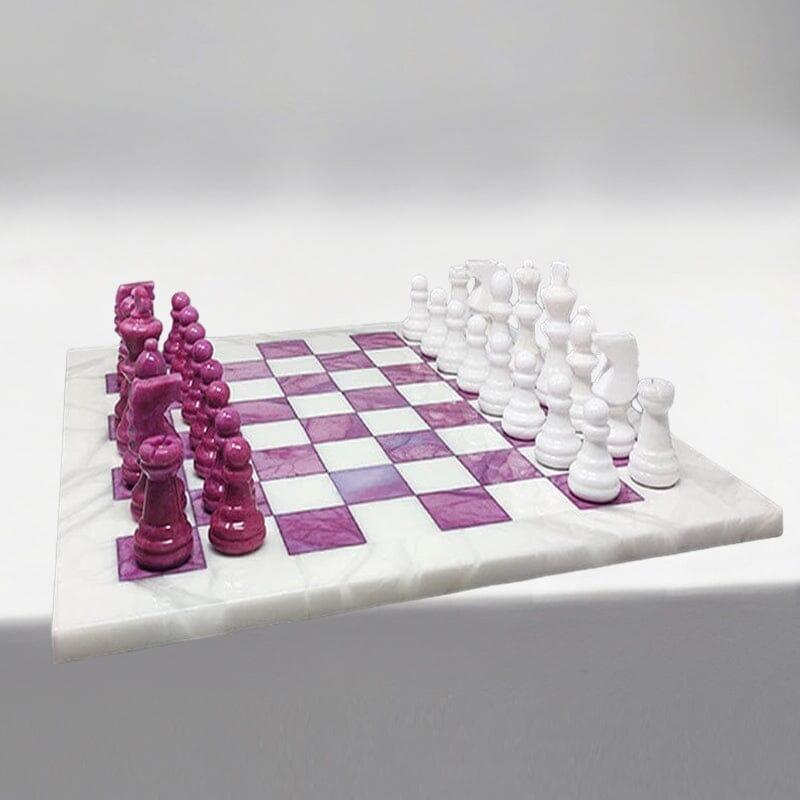 Mid-Century Modern 1970s Stunning Pink and White Chess Set in Volterra Alabaster Handmade Made in I For Sale