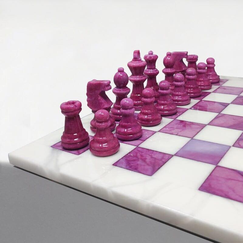 Italian 1970s Stunning Pink and White Chess Set in Volterra Alabaster Handmade Made in I For Sale