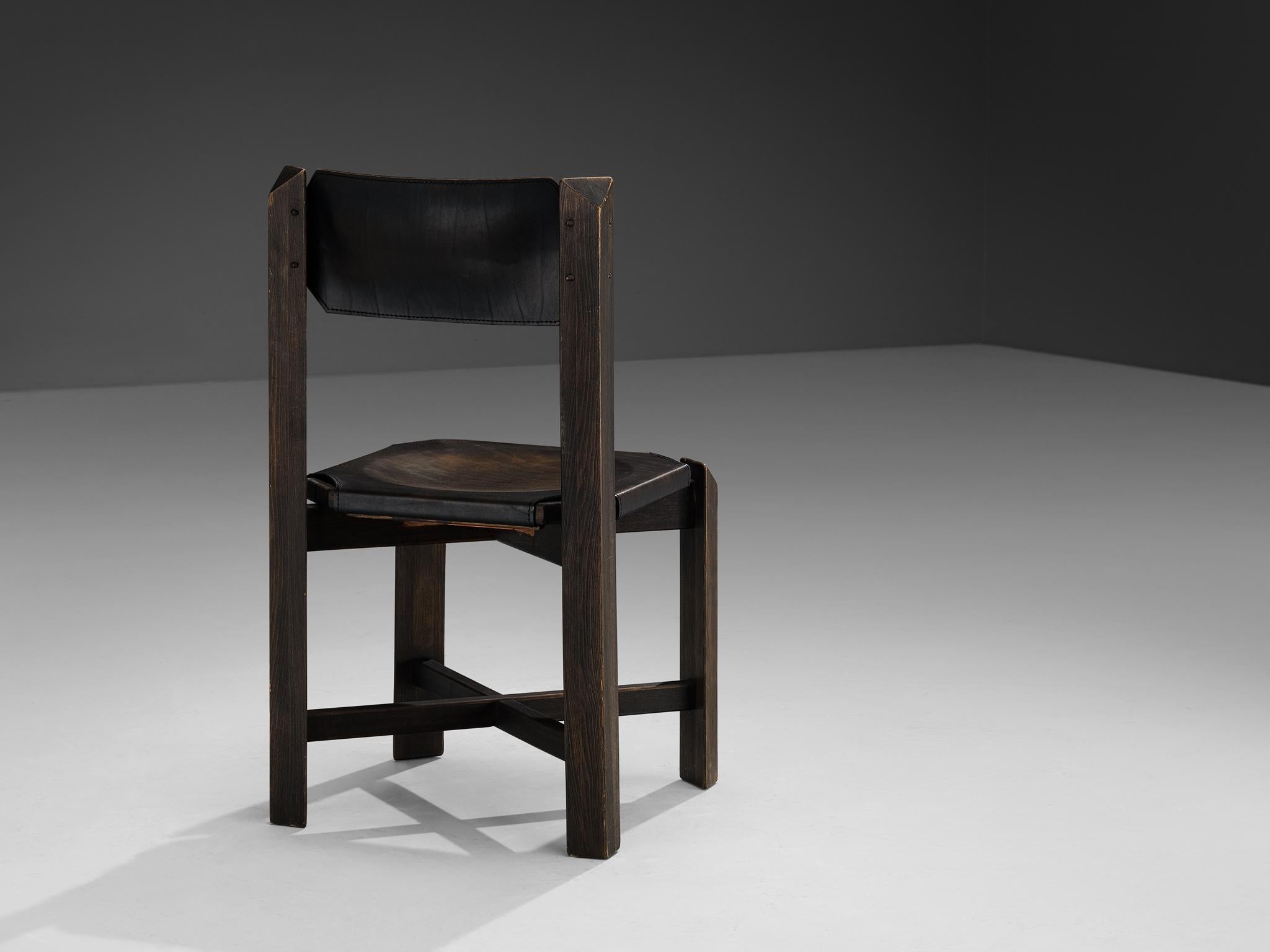 European 1970s Sturdy Dining Chair in Black Leather & Wood with Architectural Design For Sale