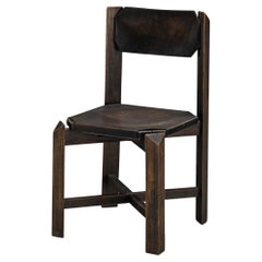 1970s Sturdy Dining Chair in Black Leather & Wood with Architectural Design