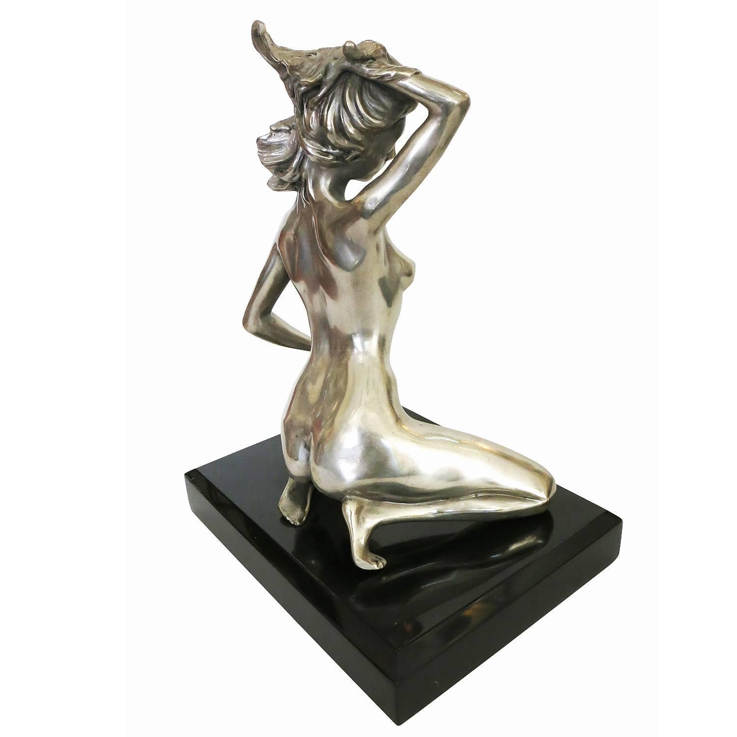 Post-Modern 1970s Style Erotic Chromed Bronze Kneeling Nude Statue For Sale