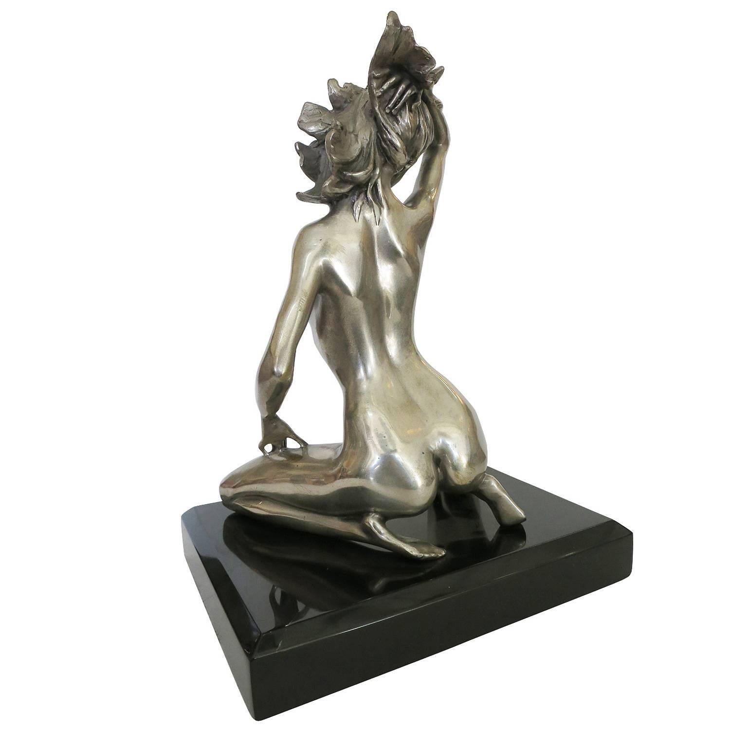 American 1970s Style Erotic Chromed Bronze Kneeling Nude Statue For Sale