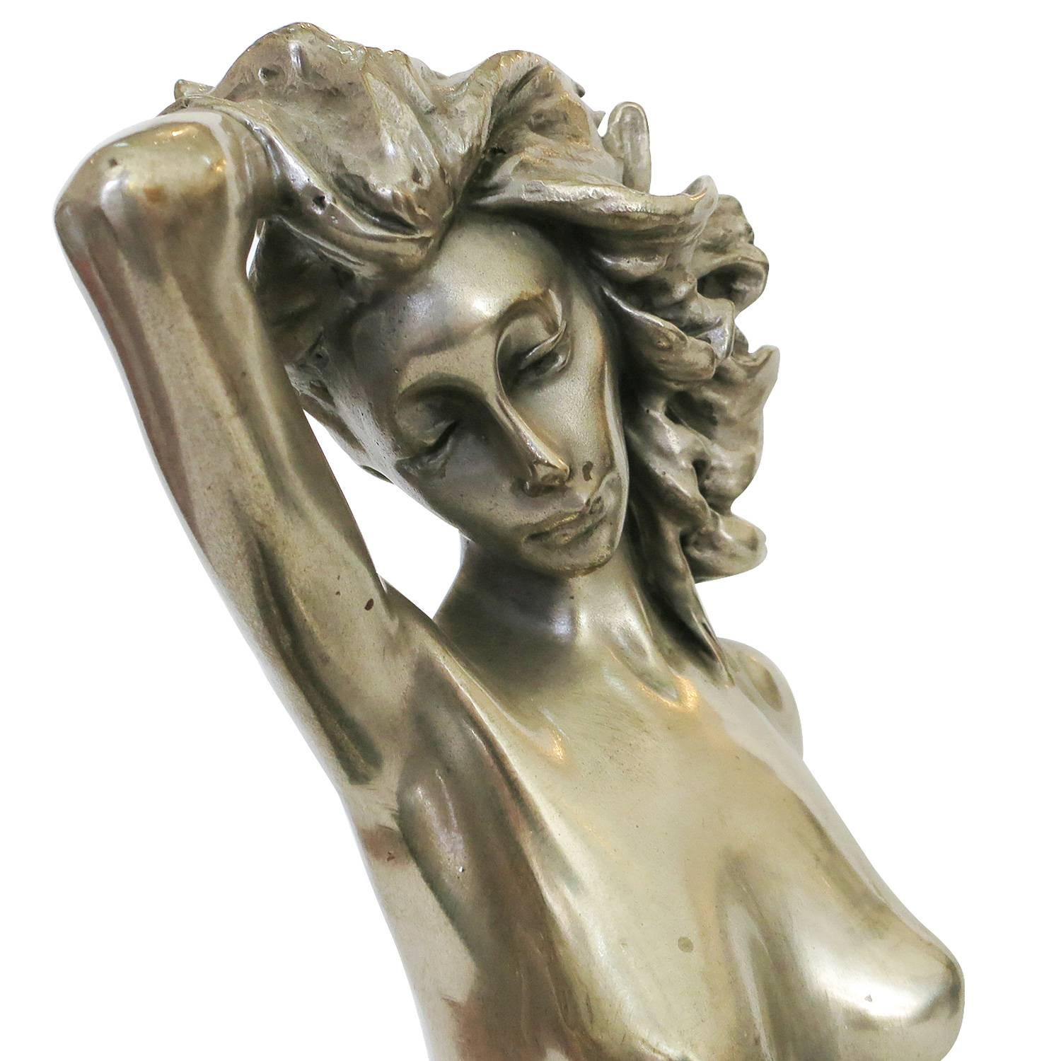 Contemporary 1970s Style Erotic Chromed Bronze Kneeling Nude Statue For Sale