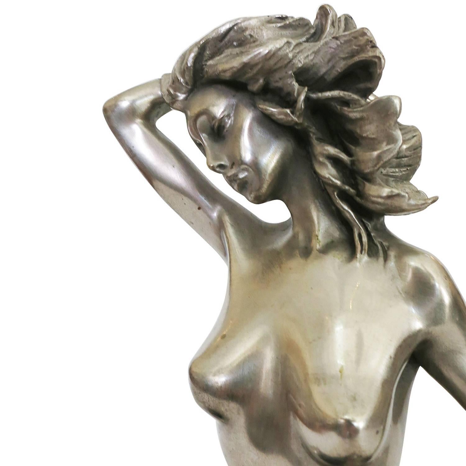 1970s Style Erotic Chromed Bronze Kneeling Nude Statue For Sale 1