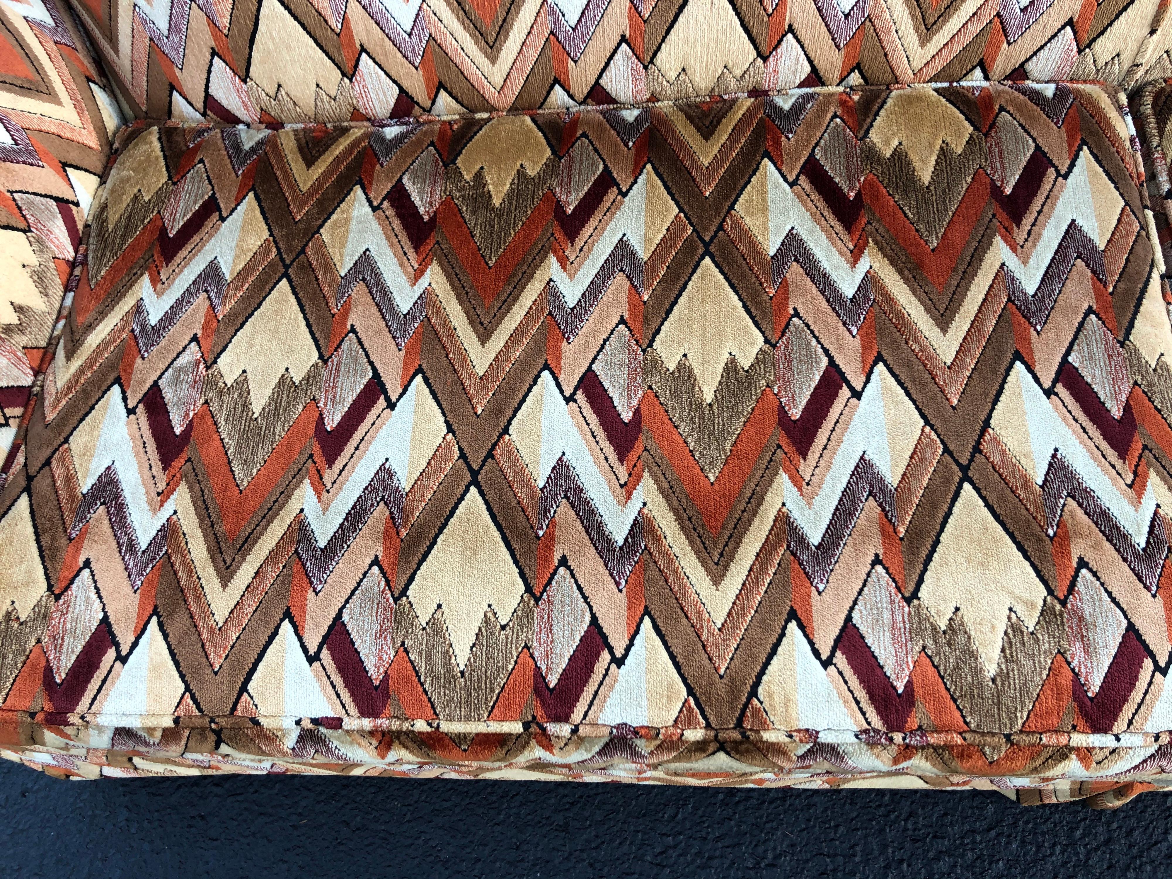 Velvet 1970s Style Sofa in Jack Lenor Larsen Chevron Fabric
