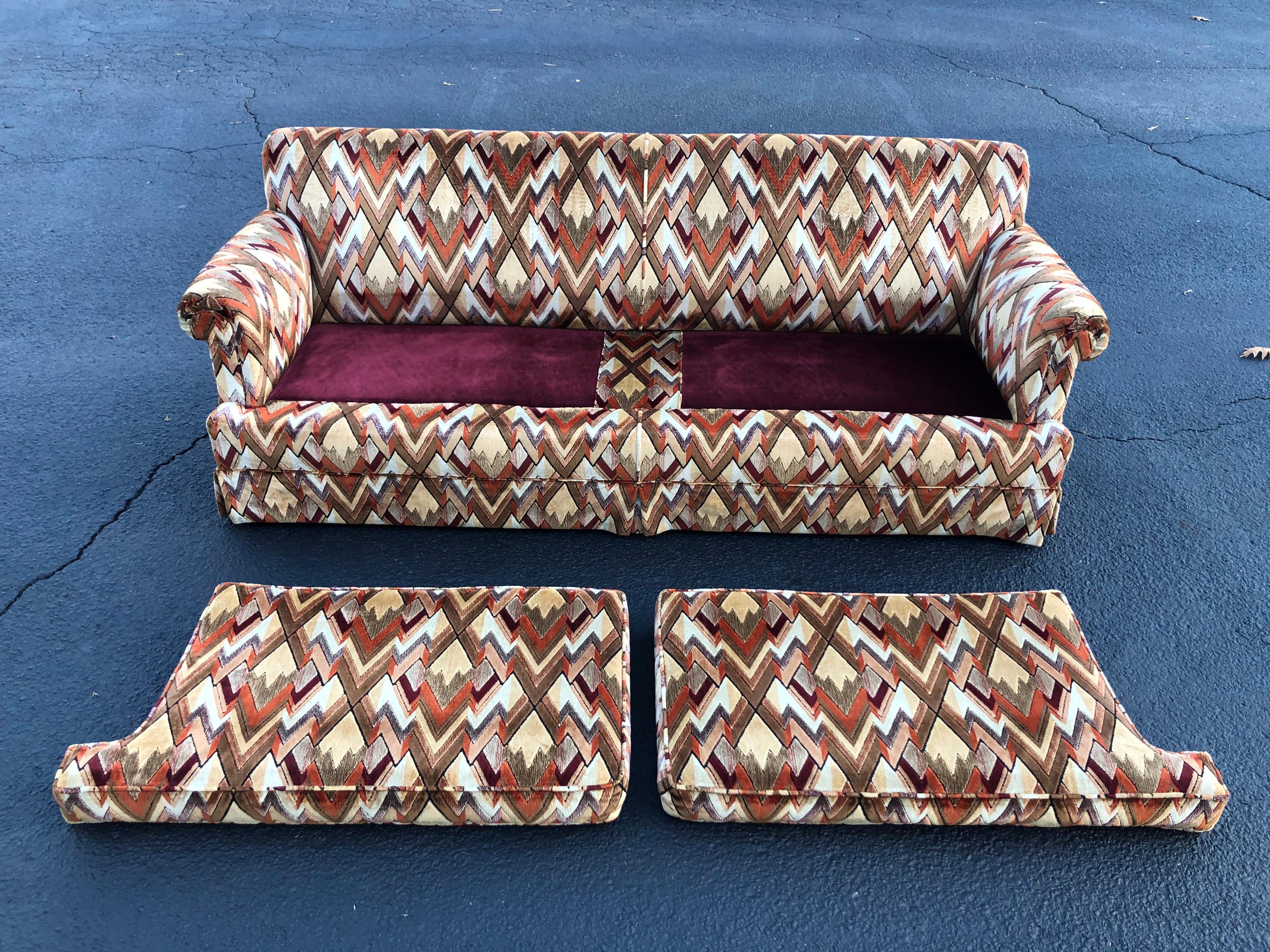 Mid-Century Modern 1970s Style Sofa in Jack Lenor Larsen Chevron Fabric