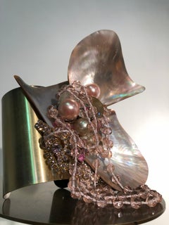 1970s Style Wide Brass Cuff W/ Pink Shell Cluster & Vintage Crystal Fringe