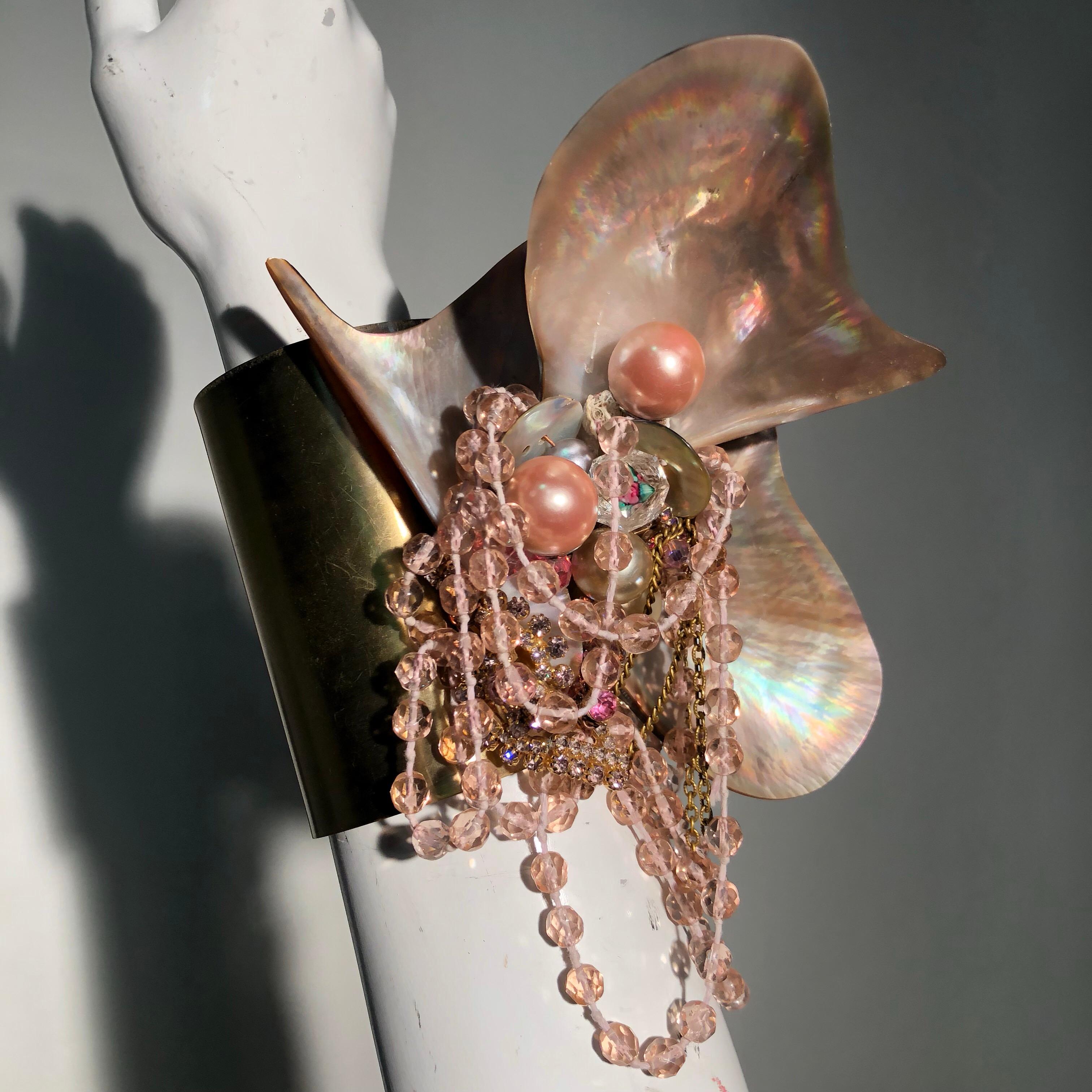 1970s Style Wide Brass Cuff W/ Pink Shell Cluster & Vintage Crystal Fringe  In Excellent Condition For Sale In Gresham, OR