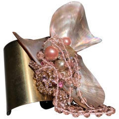 1970s Style Wide Brass Cuff W/ Pink Shell Cluster & Vintage Crystal Fringe
