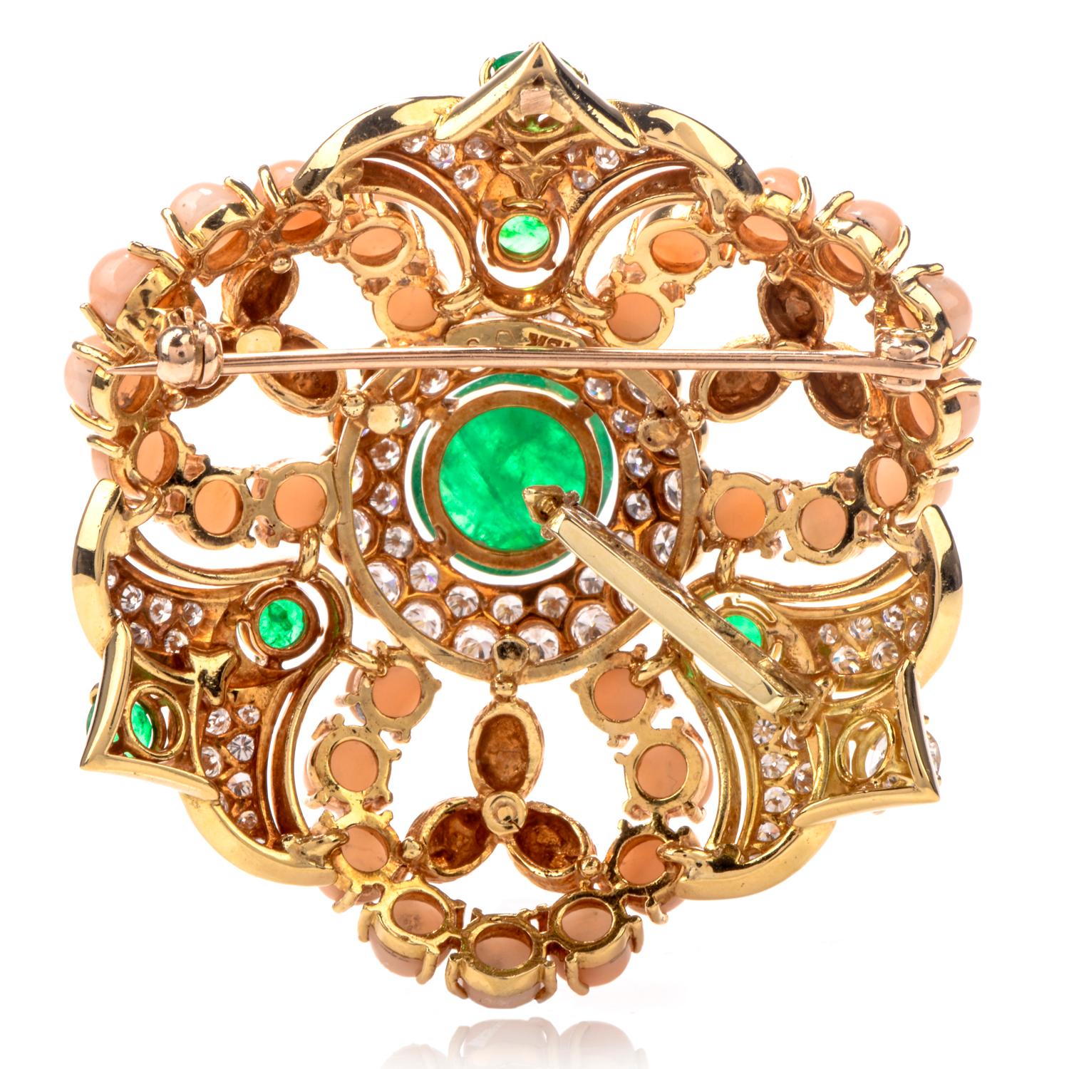 Modern 1970s Stylish Circular Diamond Coral Emerald 18 Karat Yellow Gold Pin