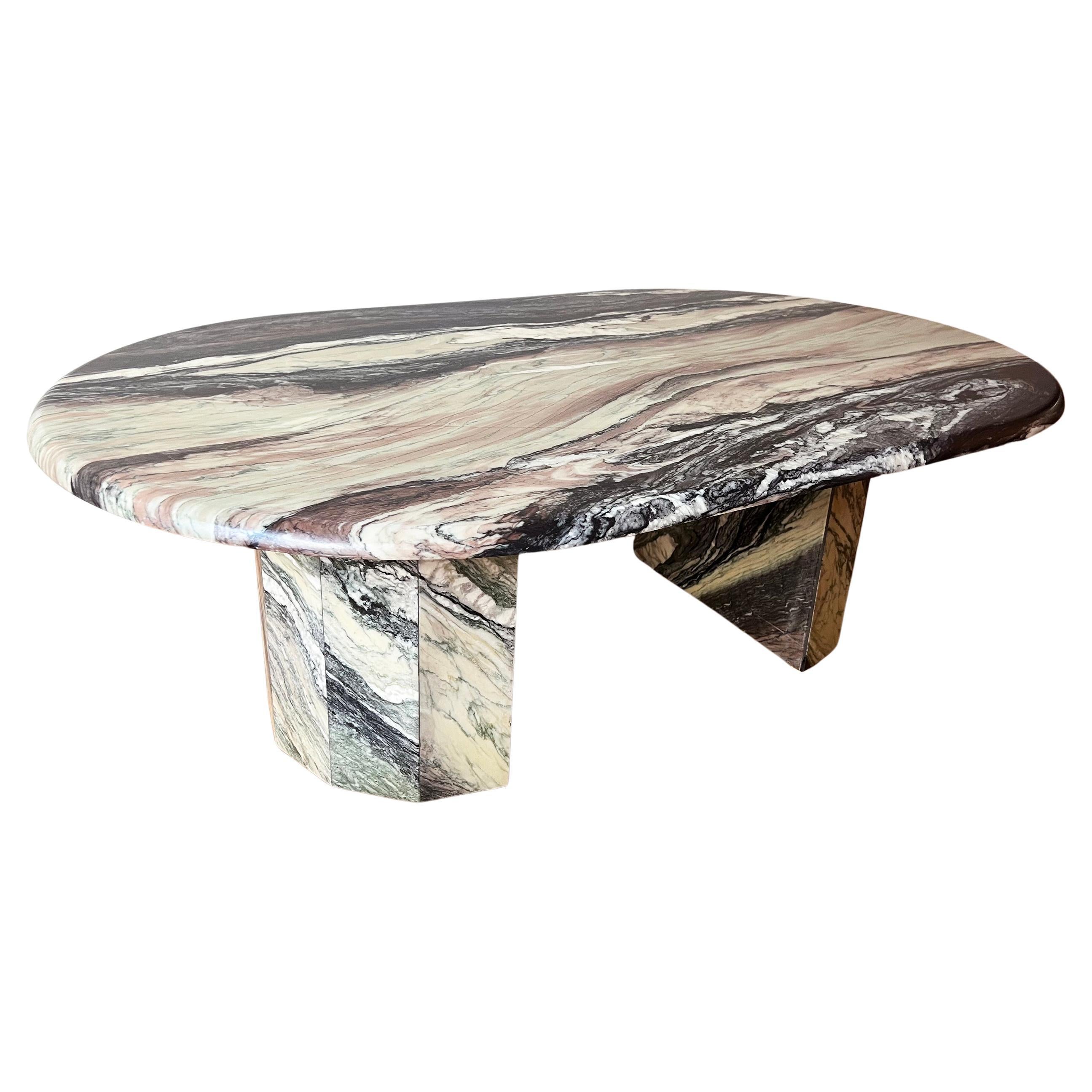 1970s Substantial White, Grey, Black, Pink Marble Coffee Table, sculptural Base
