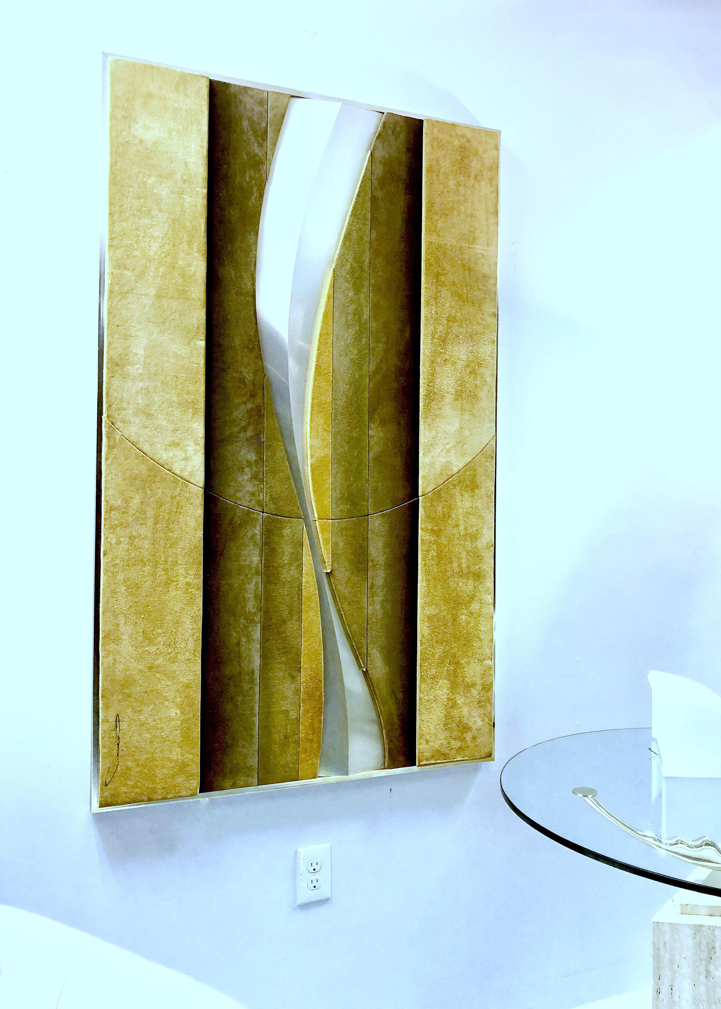 American 1970s Suede and Metal Large Wall Art Sculpture