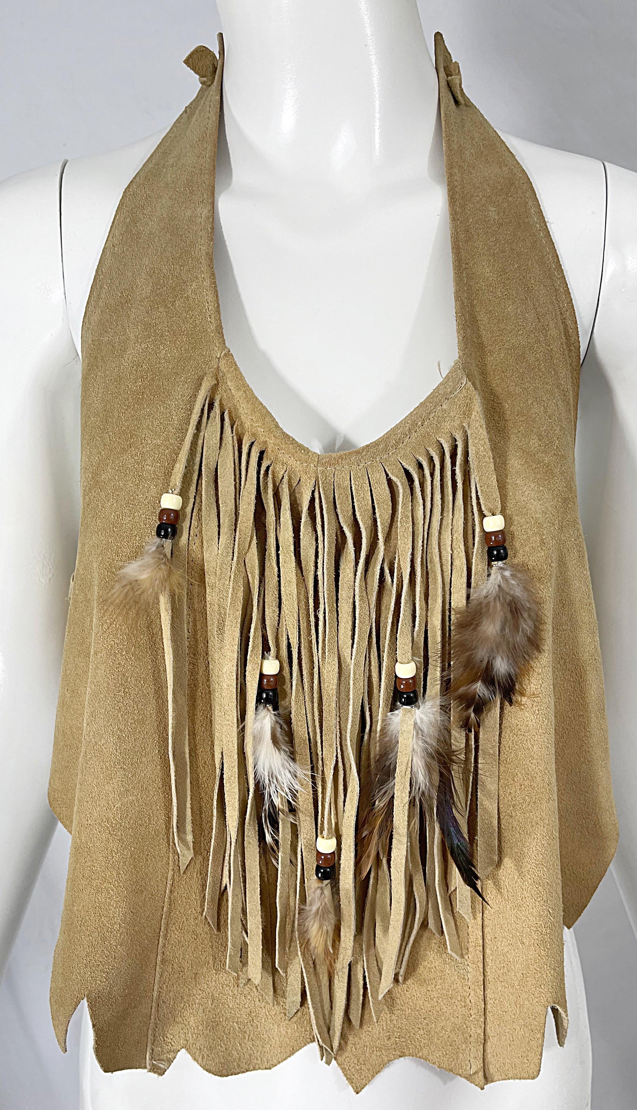 Women's 1970s Suede Leather Fringe Feather Tan Brown Boho Vintage 70s Halter Crop Top For Sale